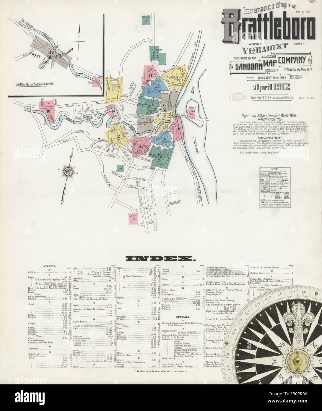 Image 1 of Sanborn Fire Insurance Map from Brattleboro, Windham County, Vermont. Apr 1912. 17 Sheet(s), America, street map with a Nineteenth Century compass Stock Photo