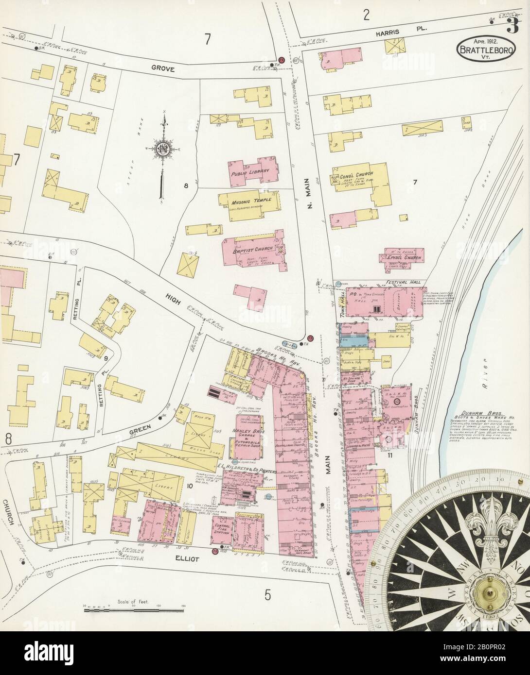 Image 3 of Sanborn Fire Insurance Map from Brattleboro, Windham County, Vermont. Apr 1912. 17 Sheet(s), America, street map with a Nineteenth Century compass Stock Photo