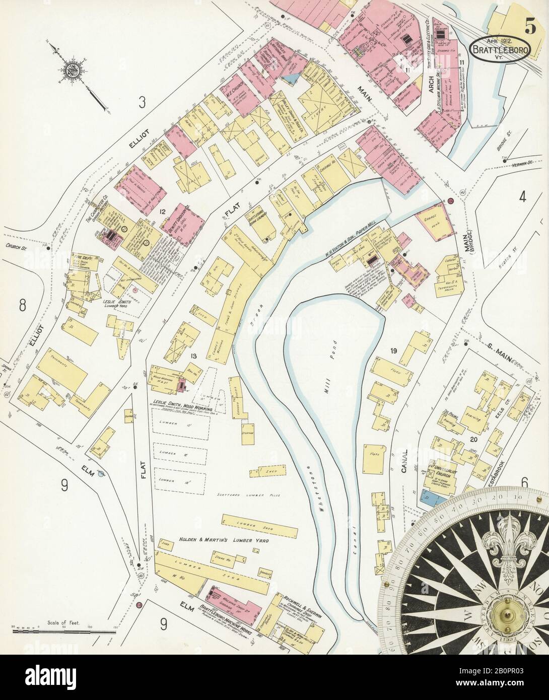 Image 5 of Sanborn Fire Insurance Map from Brattleboro, Windham County, Vermont. Apr 1912. 17 Sheet(s), America, street map with a Nineteenth Century compass Stock Photo