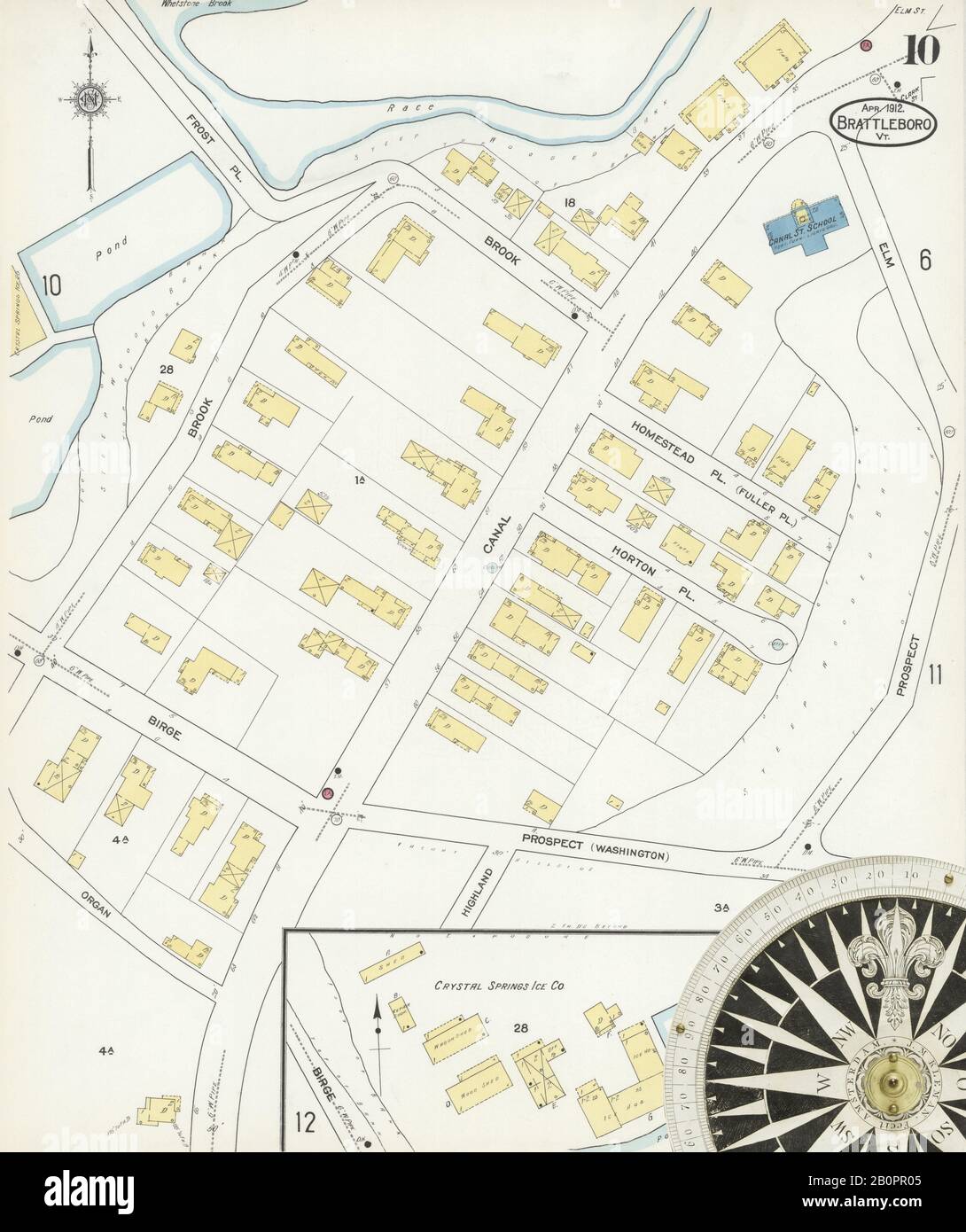 Image 10 of Sanborn Fire Insurance Map from Brattleboro, Windham County, Vermont. Apr 1912. 17 Sheet(s), America, street map with a Nineteenth Century compass Stock Photo