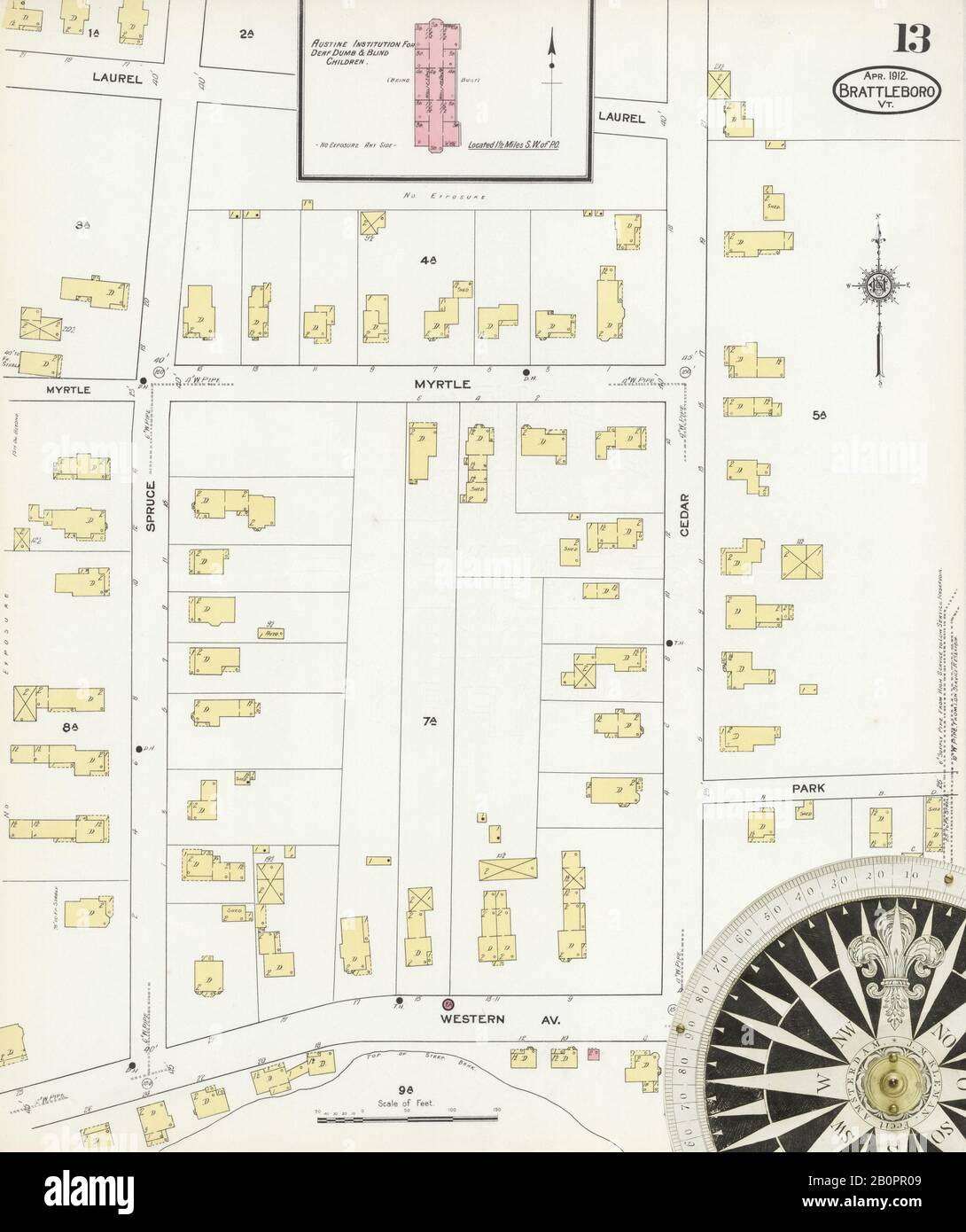 Image 13 of Sanborn Fire Insurance Map from Brattleboro, Windham County, Vermont. Apr 1912. 17 Sheet(s), America, street map with a Nineteenth Century compass Stock Photo