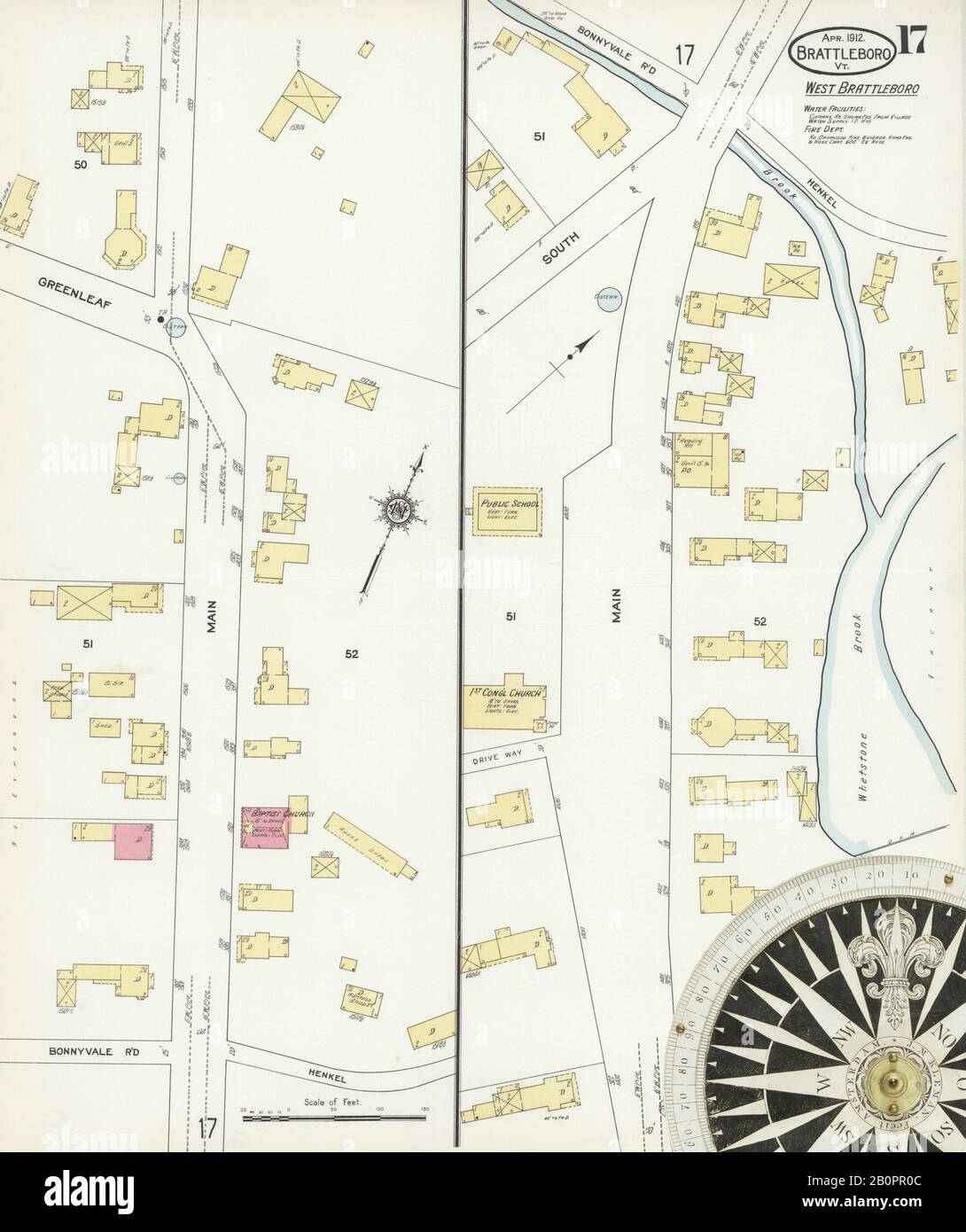 Image 17 of Sanborn Fire Insurance Map from Brattleboro, Windham County, Vermont. Apr 1912. 17 Sheet(s), America, street map with a Nineteenth Century compass Stock Photo