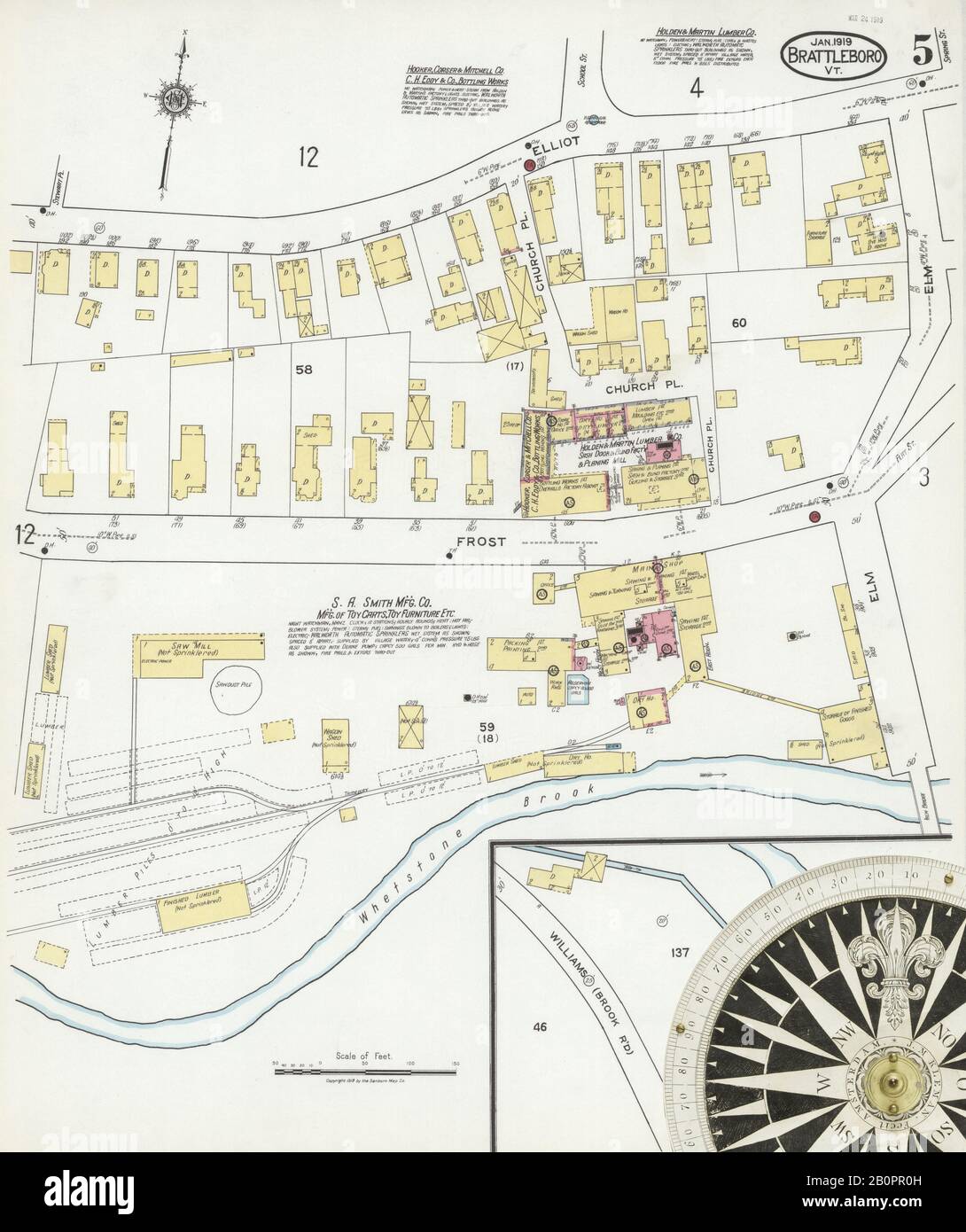 Image 5 of Sanborn Fire Insurance Map from Brattleboro, Windham County, Vermont. Jan 1919. 19 Sheet(s), America, street map with a Nineteenth Century compass Stock Photo