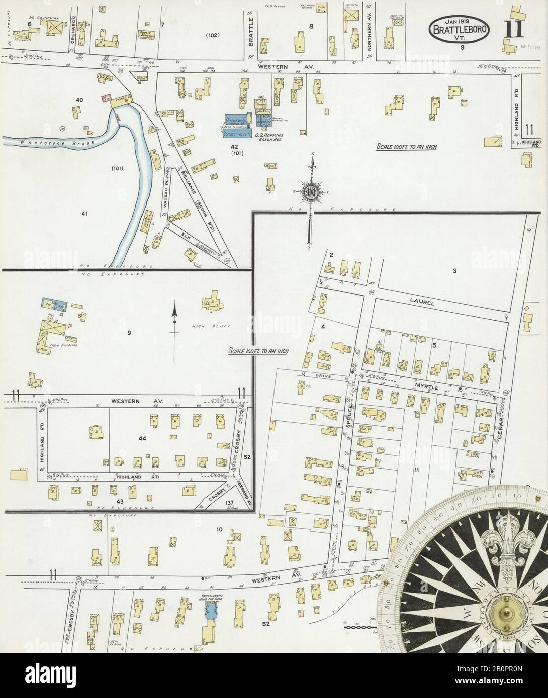 Image 11 of Sanborn Fire Insurance Map from Brattleboro, Windham County, Vermont. Jan 1919. 19 Sheet(s), America, street map with a Nineteenth Century compass Stock Photo