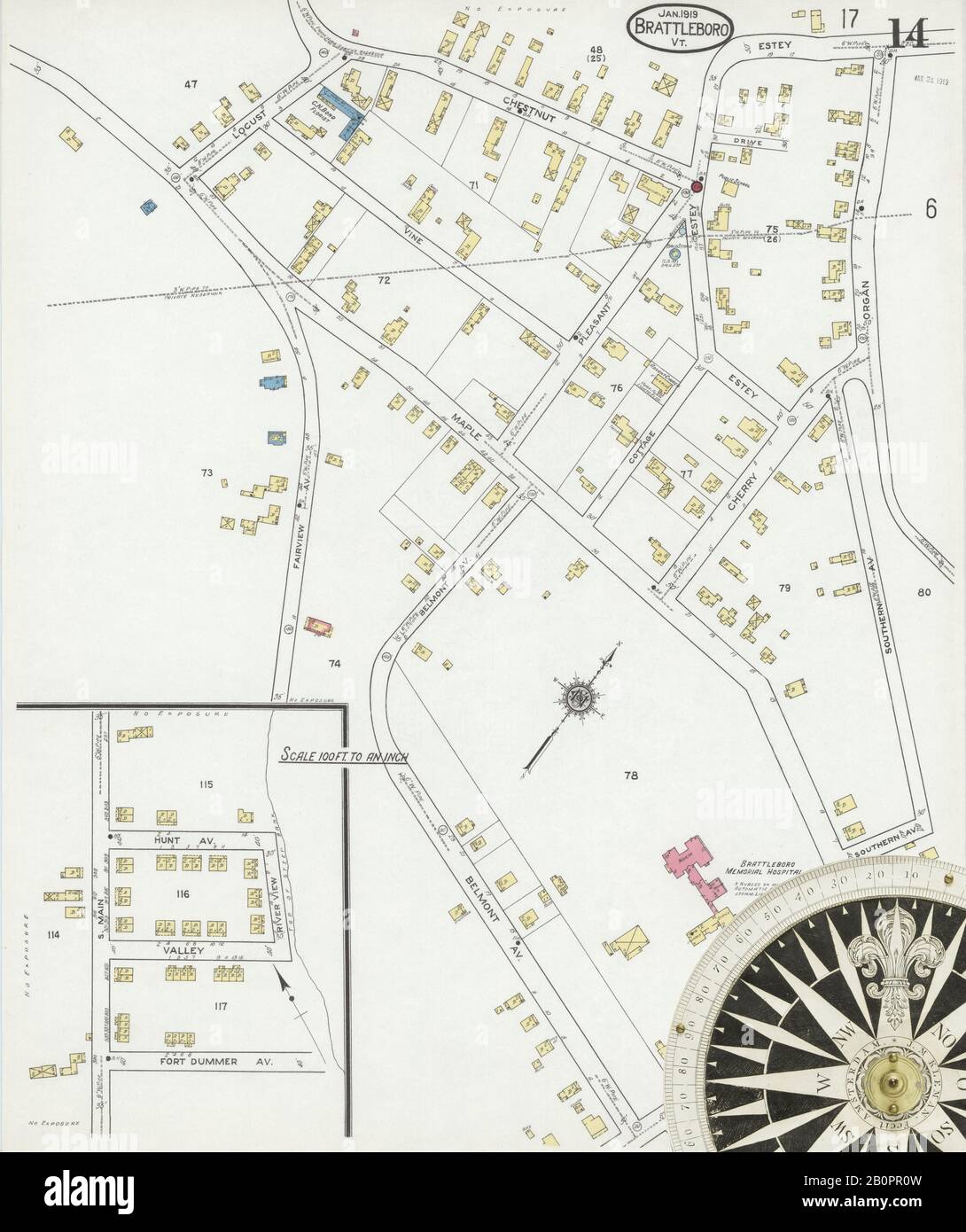 Image 14 of Sanborn Fire Insurance Map from Brattleboro, Windham County, Vermont. Jan 1919. 19 Sheet(s), America, street map with a Nineteenth Century compass Stock Photo
