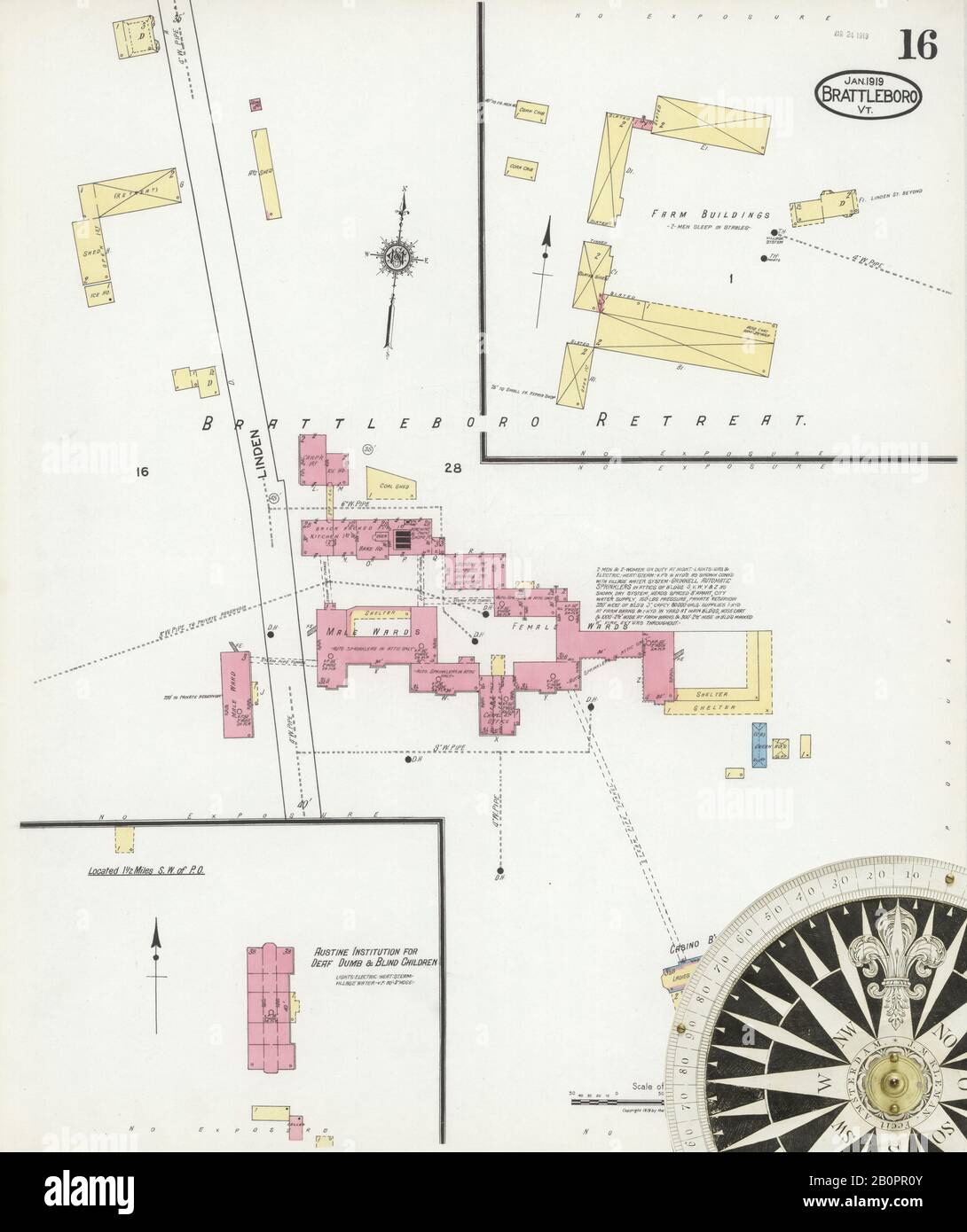 Image 16 of Sanborn Fire Insurance Map from Brattleboro, Windham County, Vermont. Jan 1919. 19 Sheet(s), America, street map with a Nineteenth Century compass Stock Photo