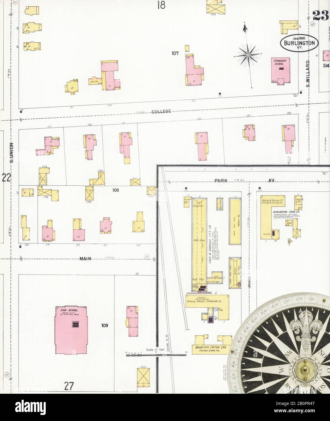 Image 24 of Sanborn Fire Insurance Map from Burlington, Chittenden County, Vermont. Jan 1900. 34 Sheet(s), America, street map with a Nineteenth Century compass Stock Photo