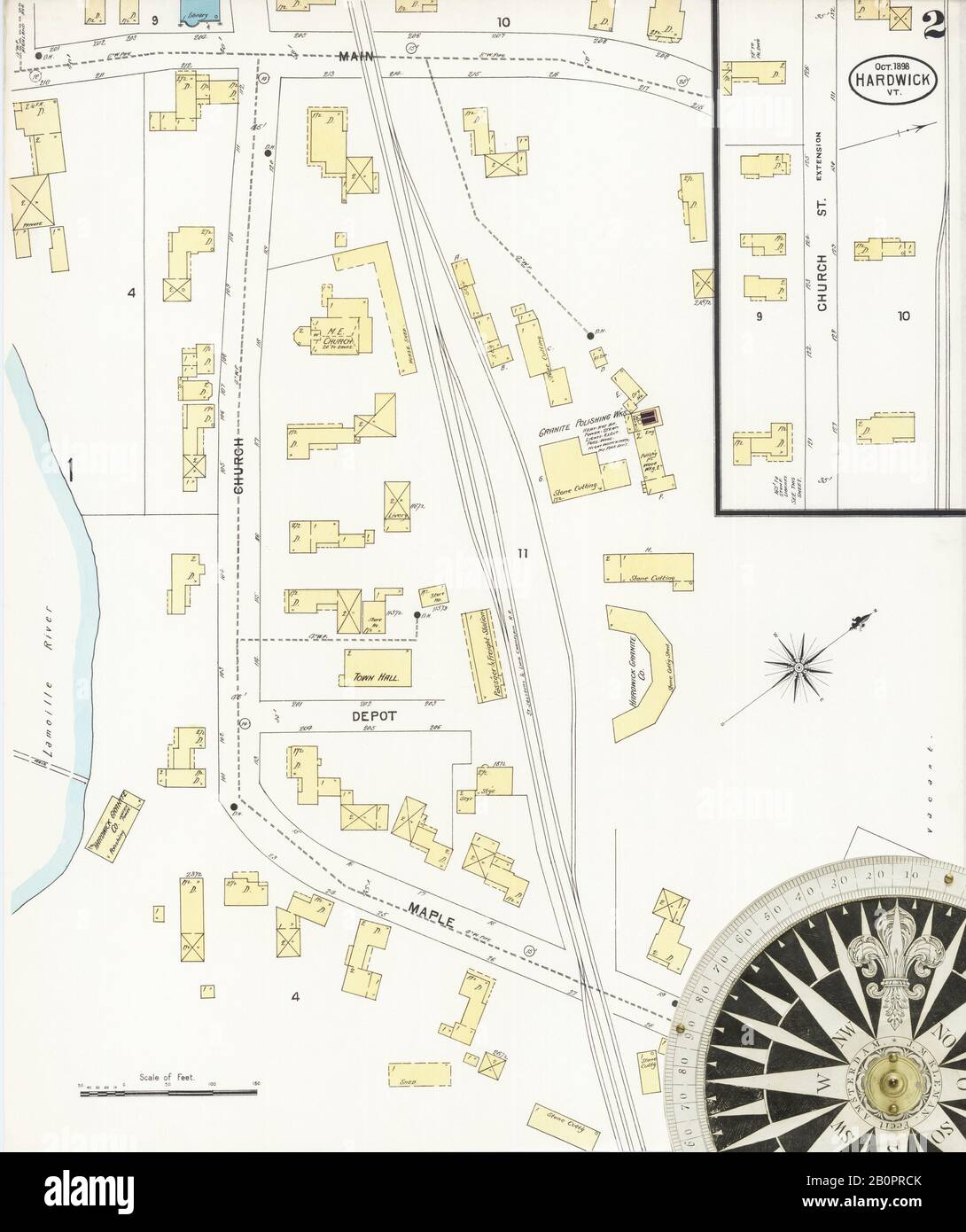 Image 2 of Sanborn Fire Insurance Map from Hardwick, Caledonia County, Vermont. Oct 1898. 2 Sheet(s), America, street map with a Nineteenth Century compass Stock Photo