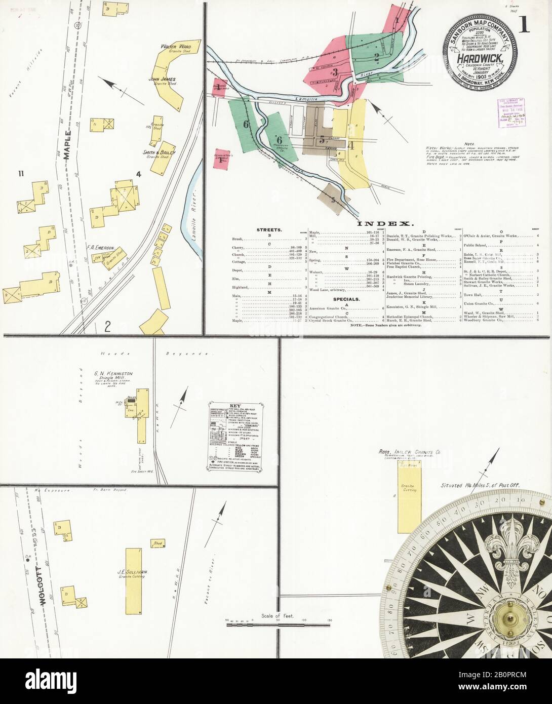 Image 1 of Sanborn Fire Insurance Map from Hardwick, Caledonia County, Vermont. Jan 1905. 6 Sheet(s), America, street map with a Nineteenth Century compass Stock Photo