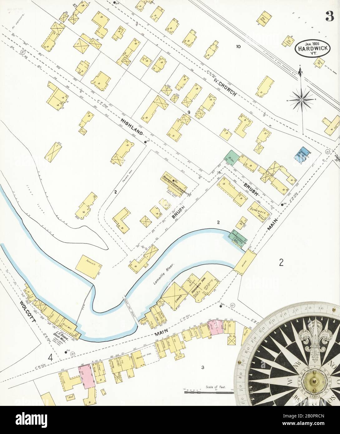Image 3 of Sanborn Fire Insurance Map from Hardwick, Caledonia County, Vermont. Jan 1905. 6 Sheet(s), America, street map with a Nineteenth Century compass Stock Photo