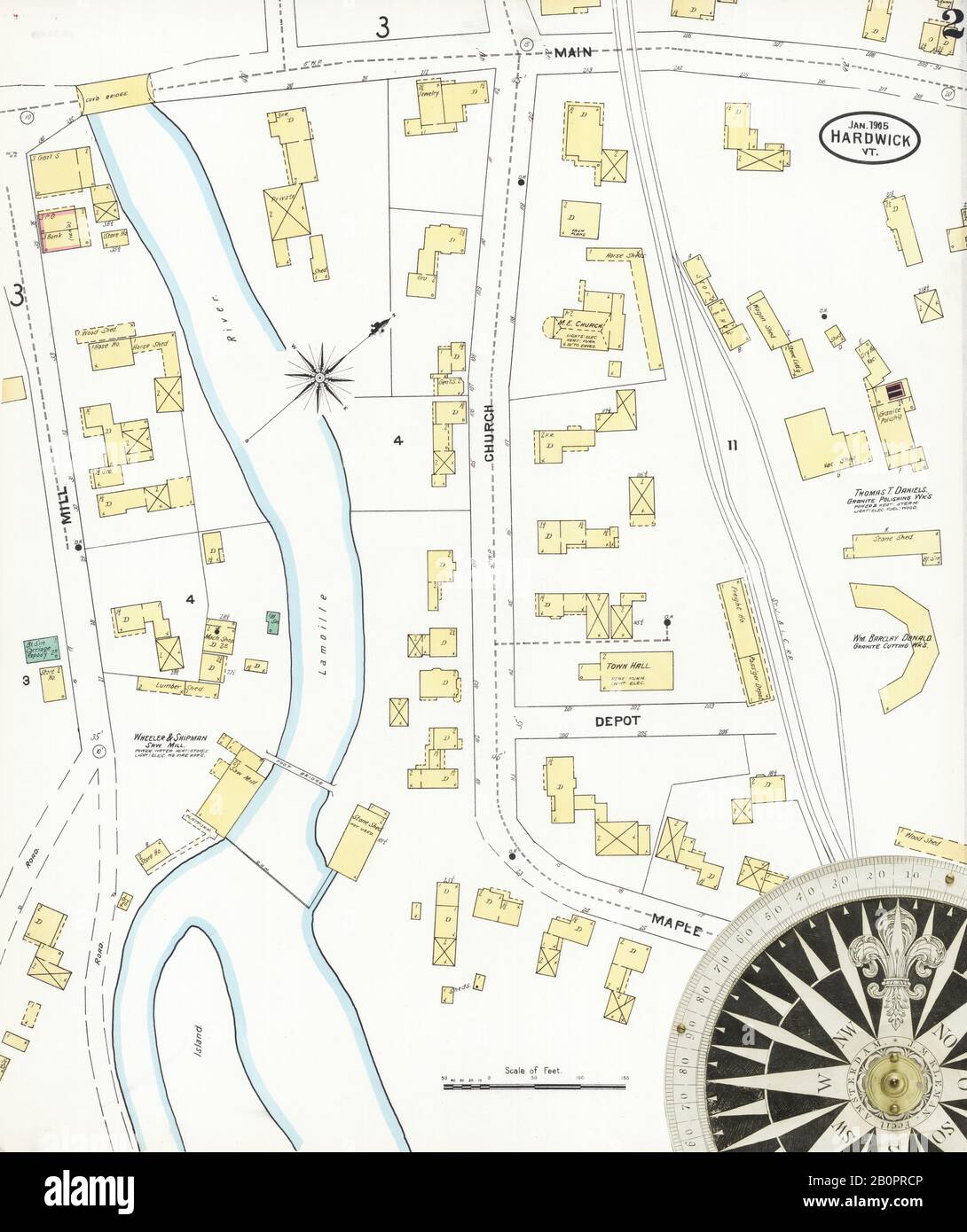 Image 2 of Sanborn Fire Insurance Map from Hardwick, Caledonia County, Vermont. Jan 1905. 6 Sheet(s), America, street map with a Nineteenth Century compass Stock Photo