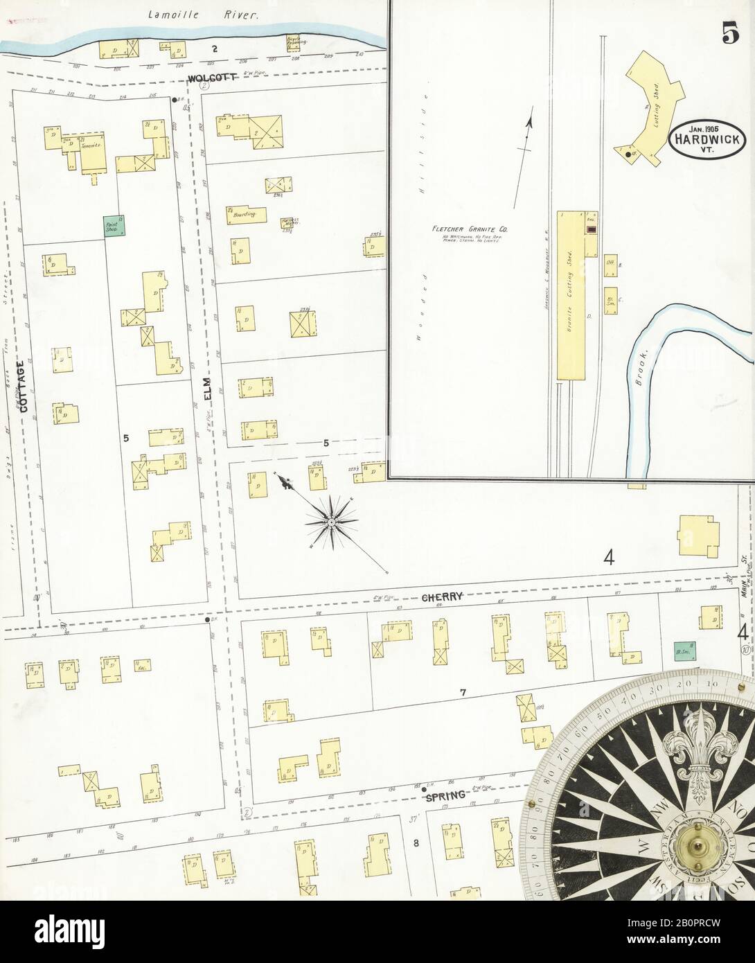 Image 5 of Sanborn Fire Insurance Map from Hardwick, Caledonia County, Vermont. Jan 1905. 6 Sheet(s), America, street map with a Nineteenth Century compass Stock Photo