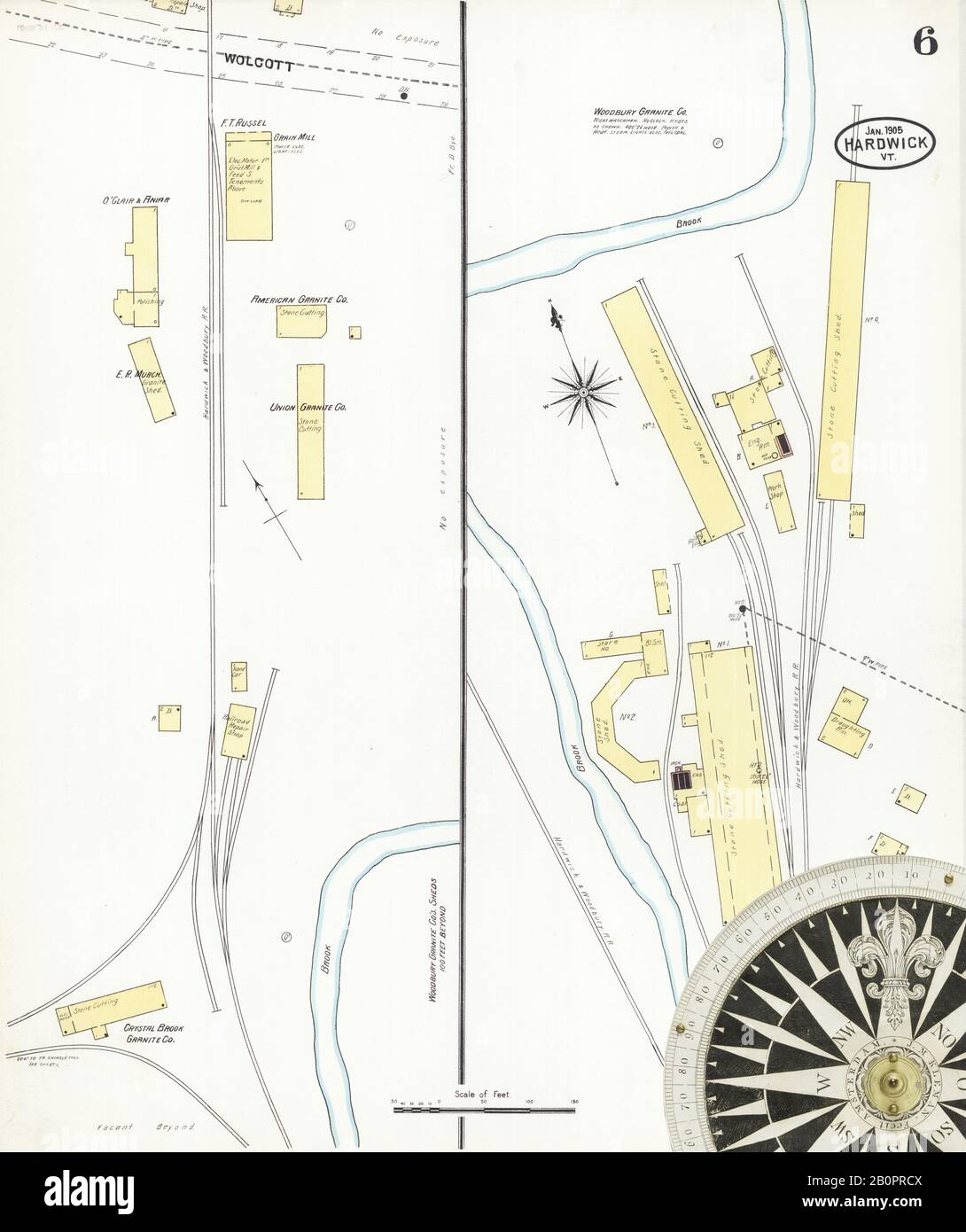 Image 6 of Sanborn Fire Insurance Map from Hardwick, Caledonia County, Vermont. Jan 1905. 6 Sheet(s), America, street map with a Nineteenth Century compass Stock Photo