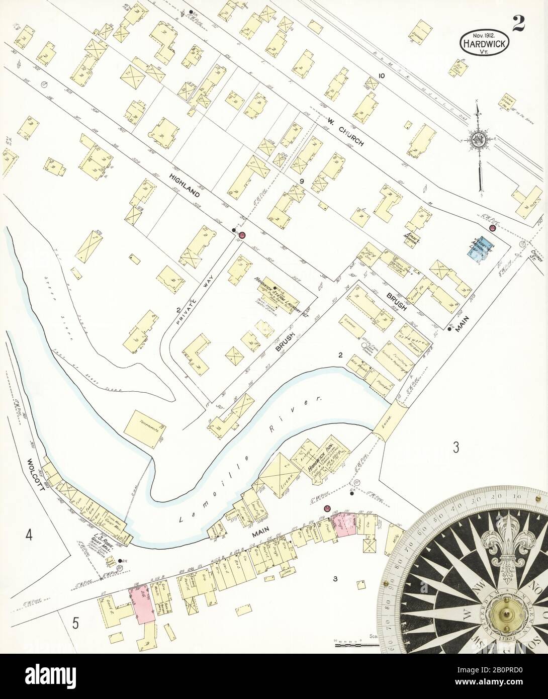 Image 2 of Sanborn Fire Insurance Map from Hardwick, Caledonia County, Vermont. Nov 1912. 6 Sheet(s), America, street map with a Nineteenth Century compass Stock Photo