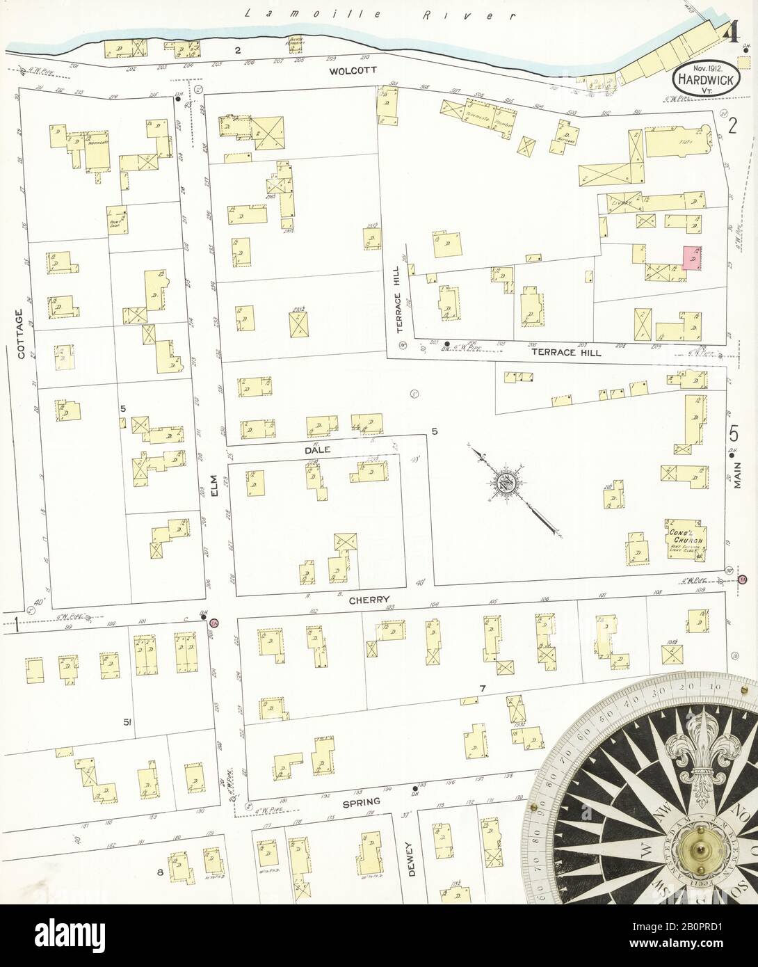 Image 4 of Sanborn Fire Insurance Map from Hardwick, Caledonia County, Vermont. Nov 1912. 6 Sheet(s), America, street map with a Nineteenth Century compass Stock Photo