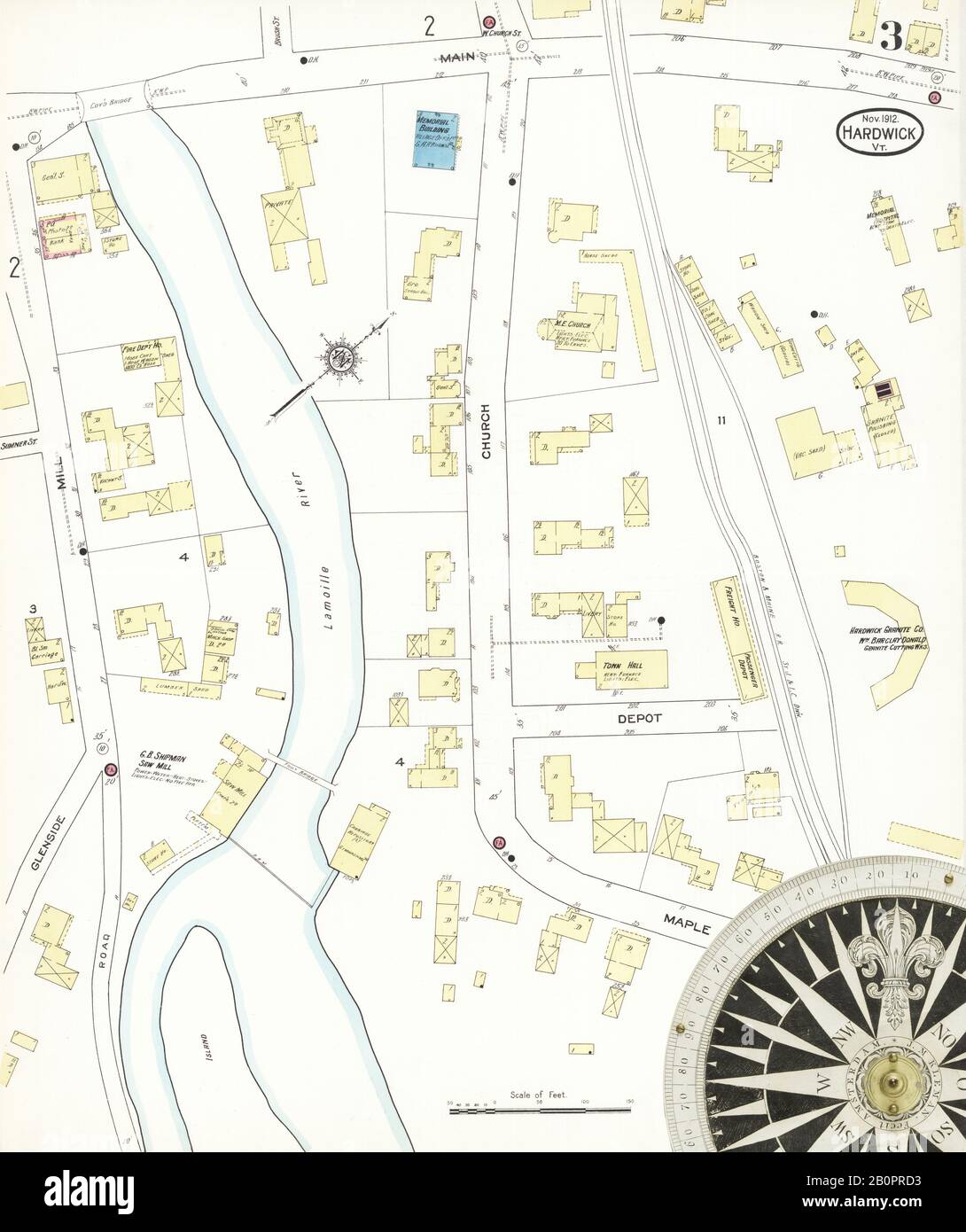 Image 3 of Sanborn Fire Insurance Map from Hardwick, Caledonia County, Vermont. Nov 1912. 6 Sheet(s), America, street map with a Nineteenth Century compass Stock Photo