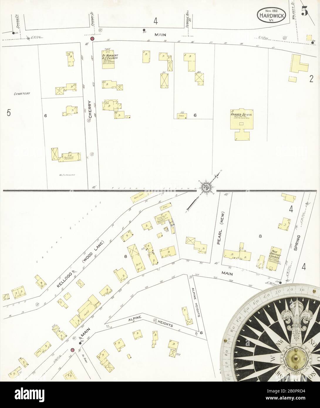 Image 5 of Sanborn Fire Insurance Map from Hardwick, Caledonia County, Vermont. Nov 1912. 6 Sheet(s), America, street map with a Nineteenth Century compass Stock Photo