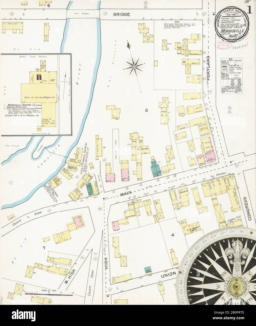 Image 1 of Sanborn Fire Insurance Map from Morrisville, Lamoille County, Vermont. Jul 1892. 2 Sheet(s), America, street map with a Nineteenth Century compass Stock Photo