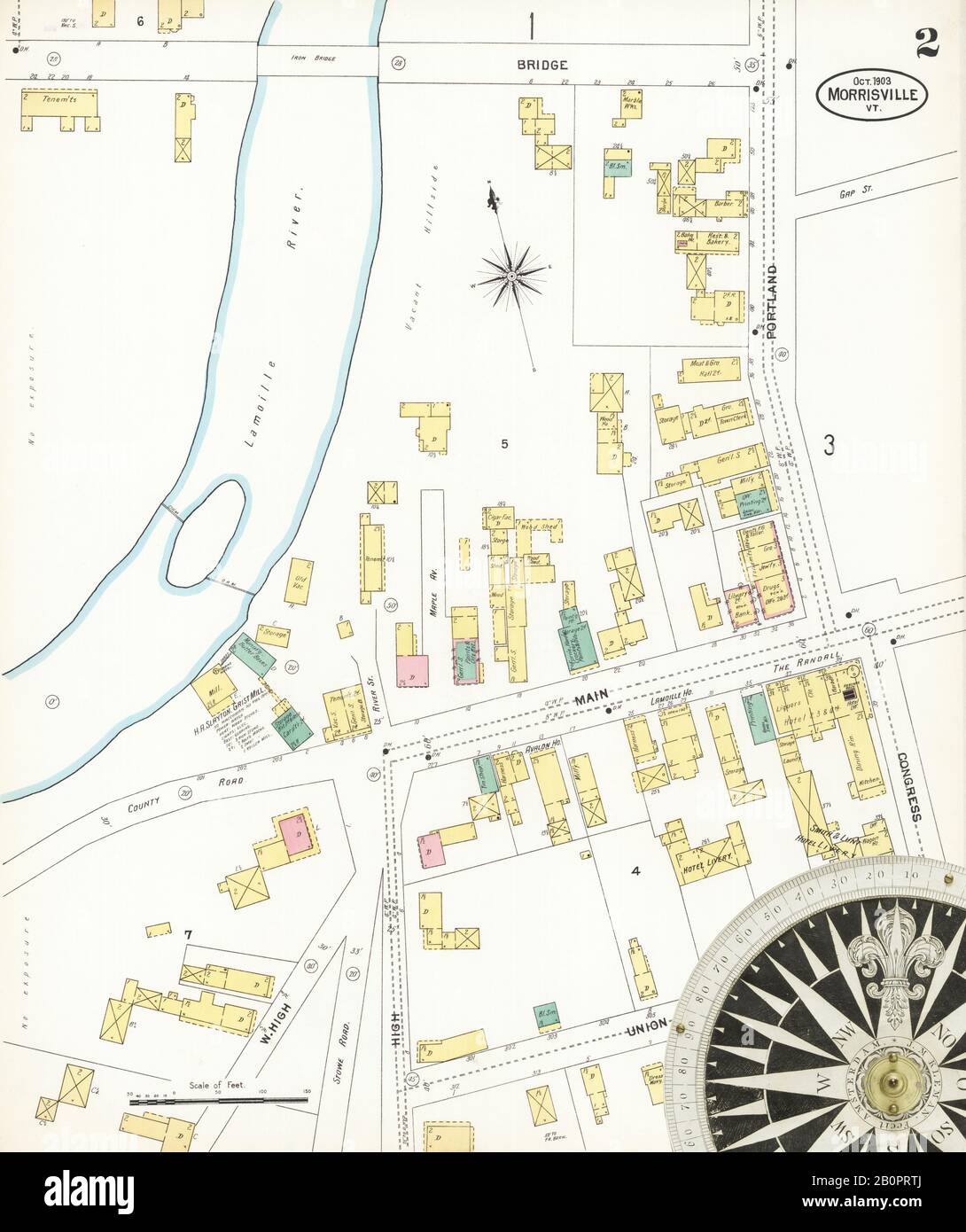 Image 2 of Sanborn Fire Insurance Map from Morrisville, Lamoille County, Vermont. Oct 1903. 3 Sheet(s), America, street map with a Nineteenth Century compass Stock Photo