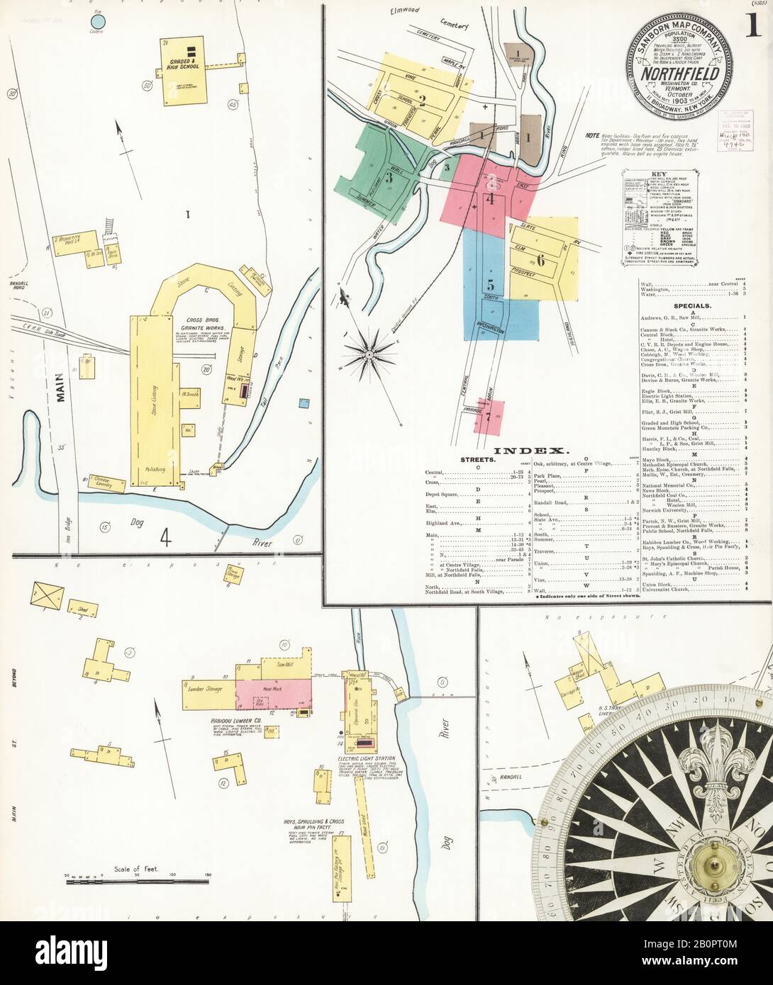 Image 1 of Sanborn Fire Insurance Map from Northfield, Washington County, Vermont. Oct 1903. 8 Sheet(s), America, street map with a Nineteenth Century compass Stock Photo