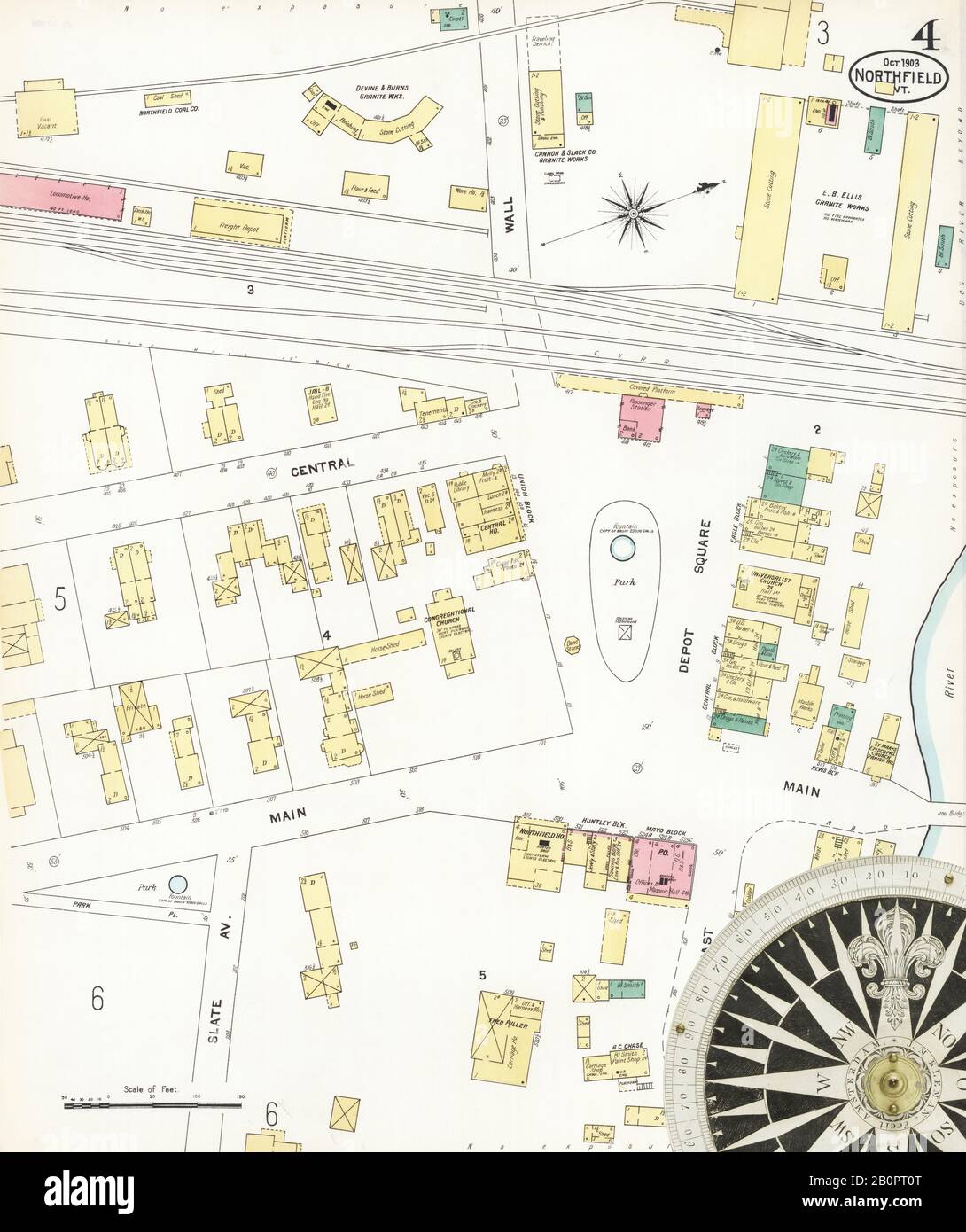 Image 4 of Sanborn Fire Insurance Map from Northfield, Washington County, Vermont. Oct 1903. 8 Sheet(s), America, street map with a Nineteenth Century compass Stock Photo