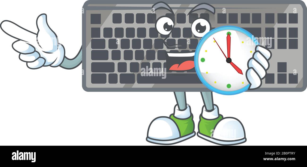 Black keyboard cartoon character style with a clock Stock Vector