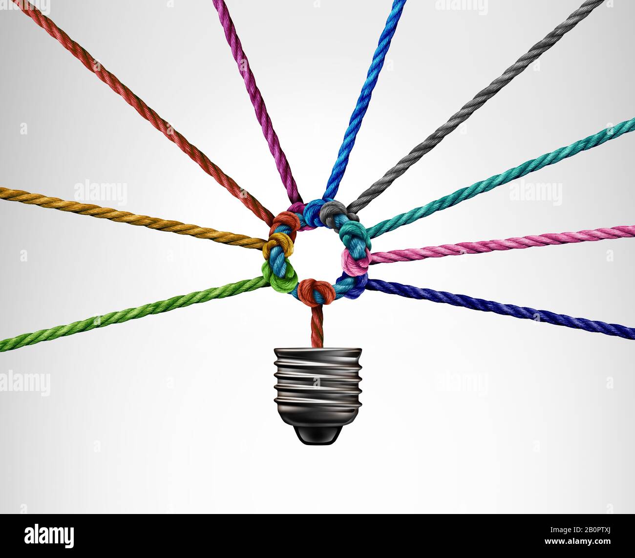 Creative network idea as a linked light bulb and connected creativity lightbulb concept with 3D illustration elements. Stock Photo