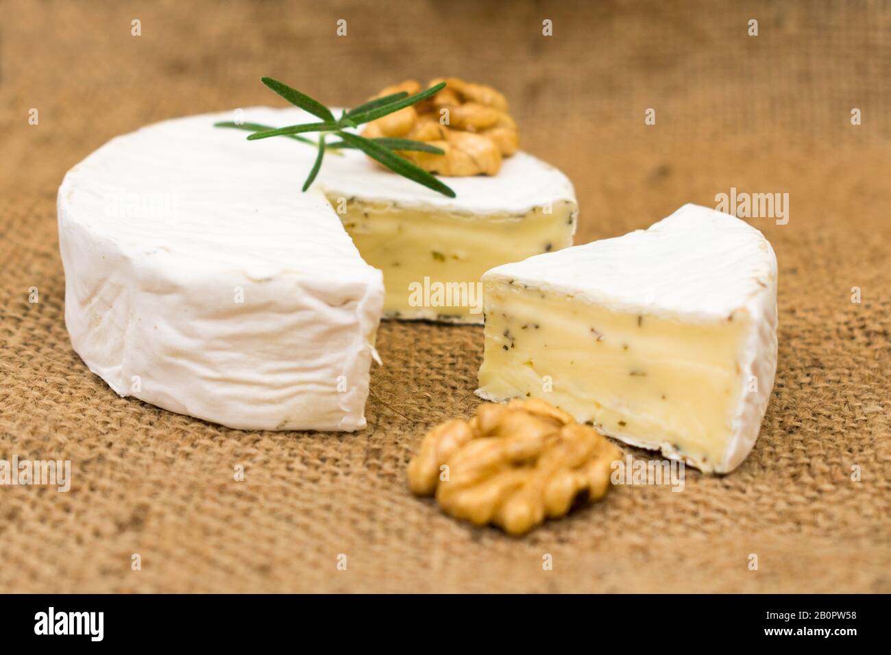 Camembert cheese with walnuts and rosemary. Close-up. Stock Photo