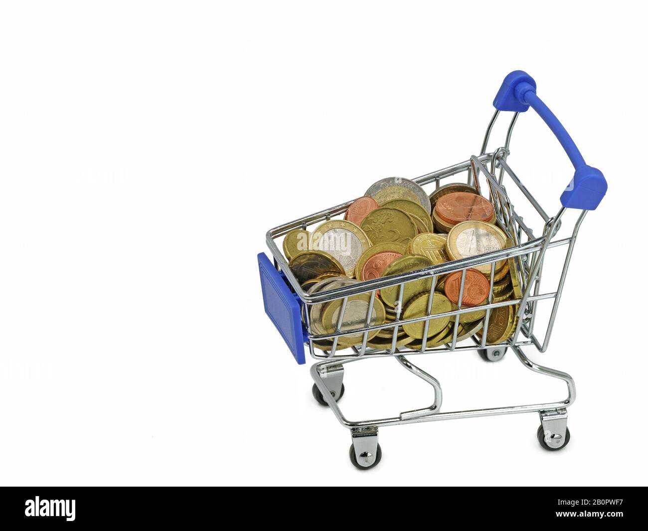 euro coins in shopping cart isolated on white background with copy space Stock Photo