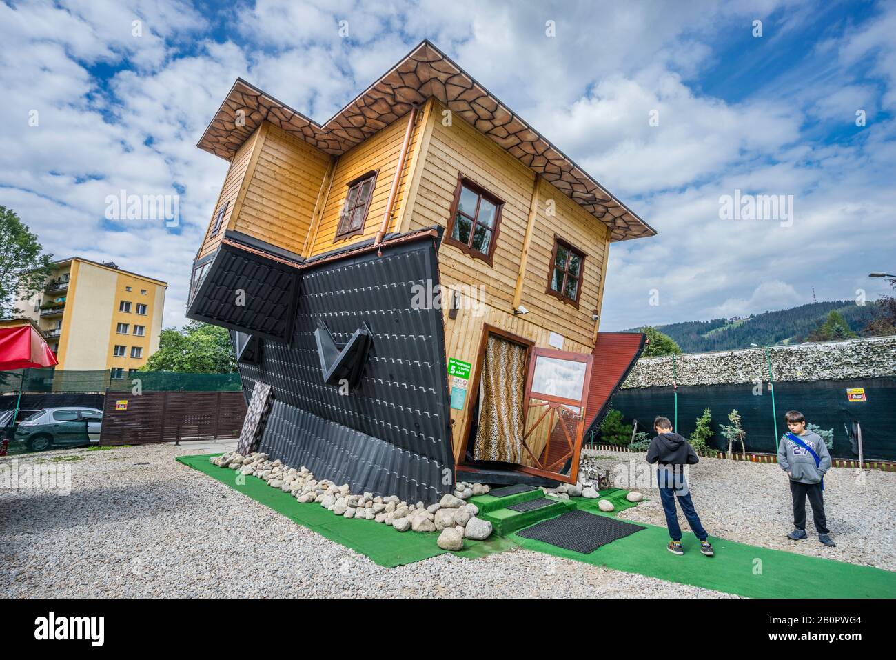 Upside Down House tourist attraction in the Tatra Mountain resort of Zakopane, Lesser Poland, Poland; Stock Photo