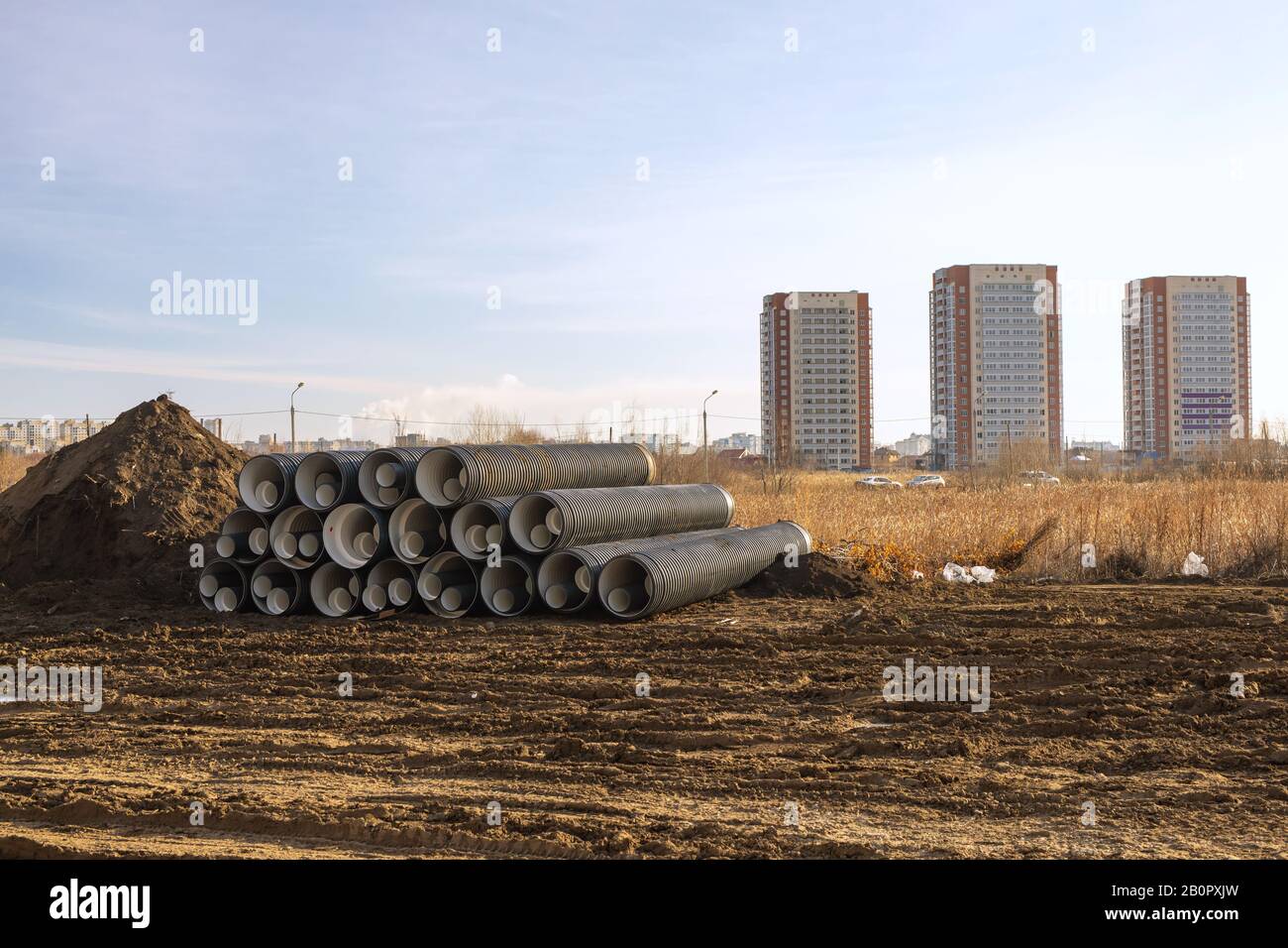 polyethylene pipes for underground drainage and sewer systems. construction of pipelines for domestic water supply. Stock Photo