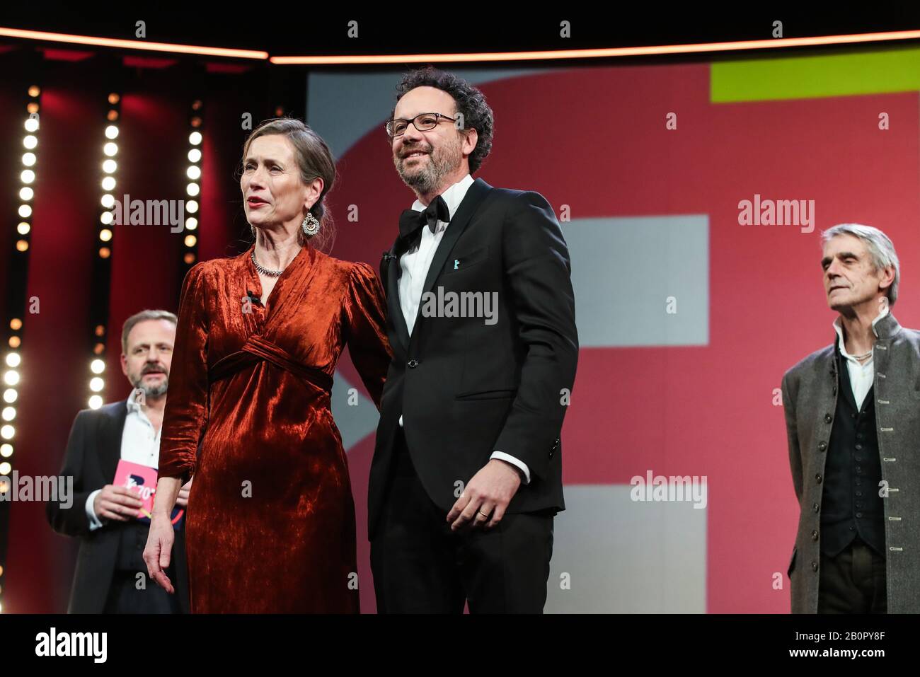(200221) -- BERLIN, Feb. 21, 2020 (Xinhua) -- Berlinale Executive Director Mariette Rissenbeek (2nd L) and Berlinale Artistic Director Carlo Chatrian (2nd R) announce the opening of the 70th Berlin International Film Festival in Berlin, capital of Germany, Feb. 20, 2020. The 70th Berlin International Film Festival, or as it's more commonly known, the Berlinale, kicked off on Thursday with a literary drama 'My Salinger Year'.A total of 18 films have made it into this year's competition category and they will compete for the Golden Bear for best film, and other individual awards, the Silver Bear Stock Photo