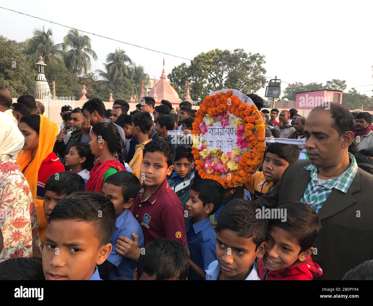 Jamalpur, Bangladesh. 21st Feb, 2020. Thousands of people gather at Jamalpur Language Martyrs' Memorial monument with flowers in homage to the martyrs of the 1952 Bengali Language Movement in Dhaka on February 21, 2020, on International Mother Language Day. (Photo by Ryan Rahman/Pacific Press) Credit: Pacific Press Agency/Alamy Live News Stock Photo