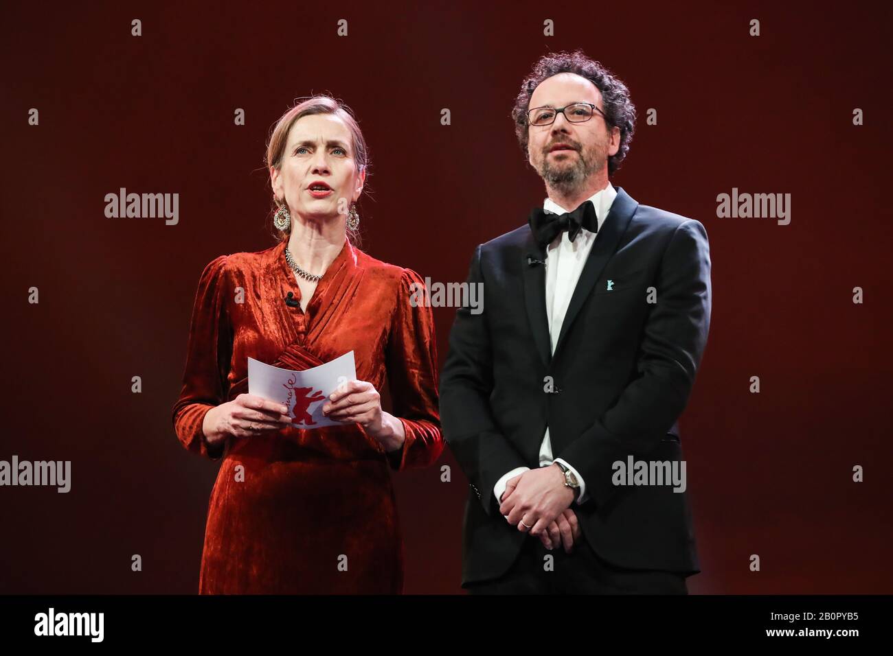 (200221) -- BERLIN, Feb. 21, 2020 (Xinhua) -- Berlinale Executive Director Mariette Rissenbeek (L) and Berlinale Artistic Director Carlo Chatrian attend the opening ceremony of the 70th Berlin International Film Festival in Berlin, capital of Germany, Feb. 20, 2020. The 70th Berlin International Film Festival, or as it's more commonly known, the Berlinale, kicked off on Thursday with a literary drama 'My Salinger Year'.A total of 18 films have made it into this year's competition category and they will compete for the Golden Bear for best film, and other individual awards, the Silver Bears. (X Stock Photo