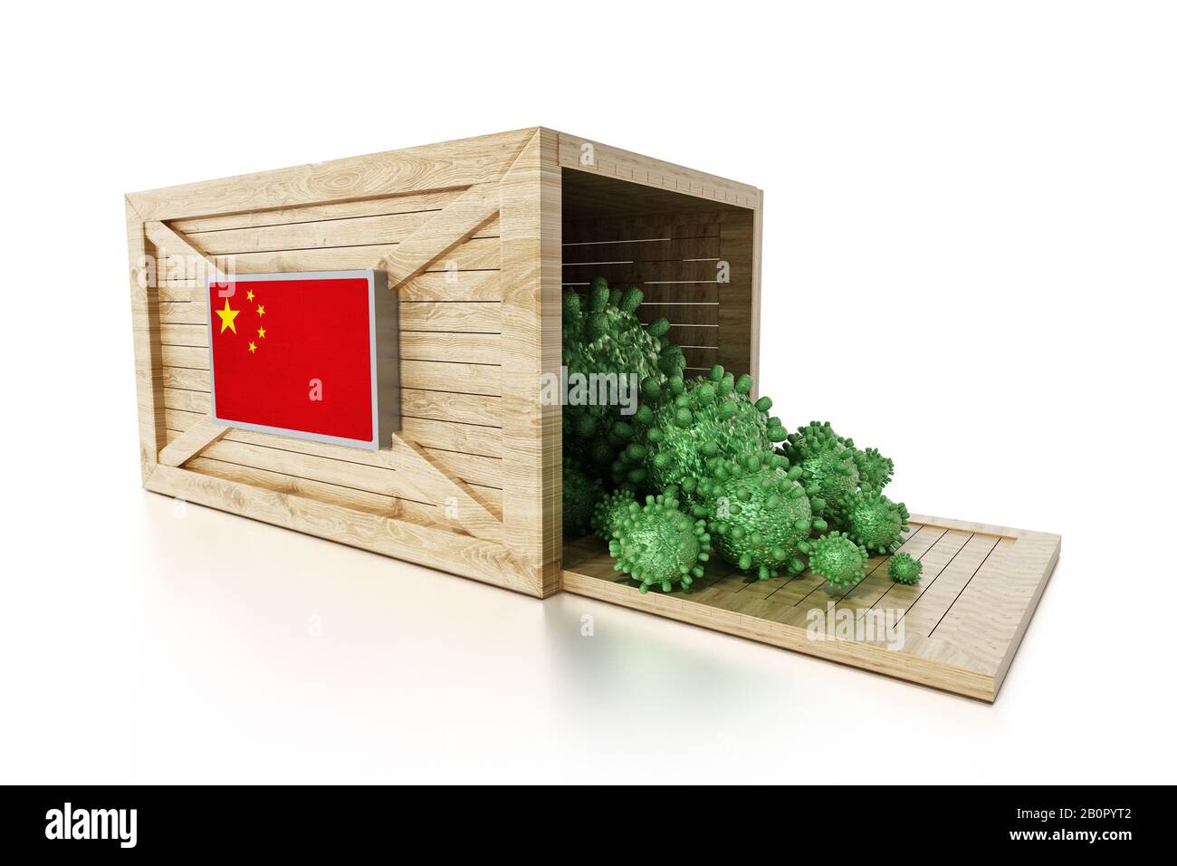 Group of viruses on china map and flag. 3D illustration. Stock Photo