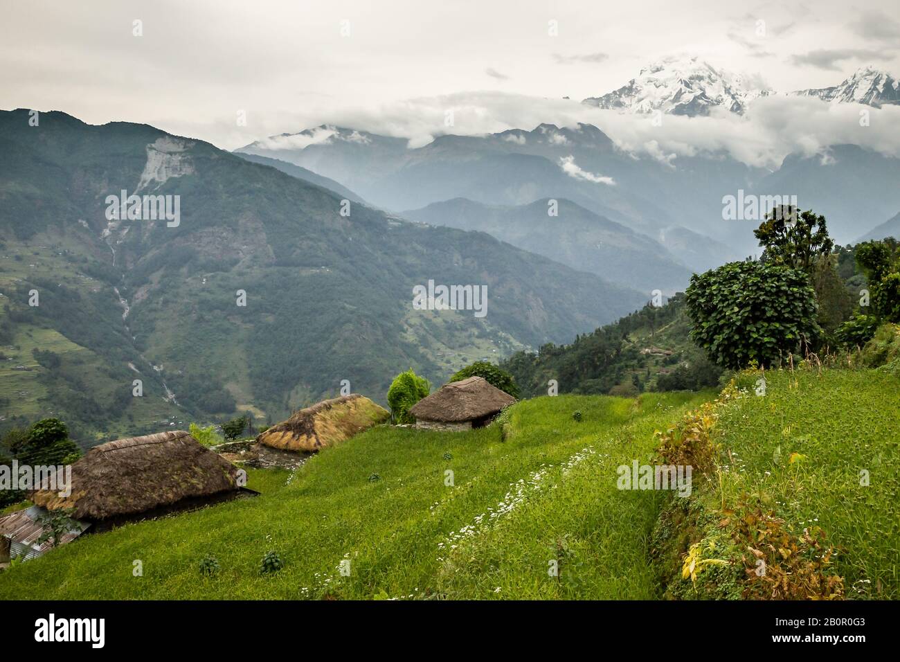 Typical houses in Himalayan mountains in Nepal Stock Photo