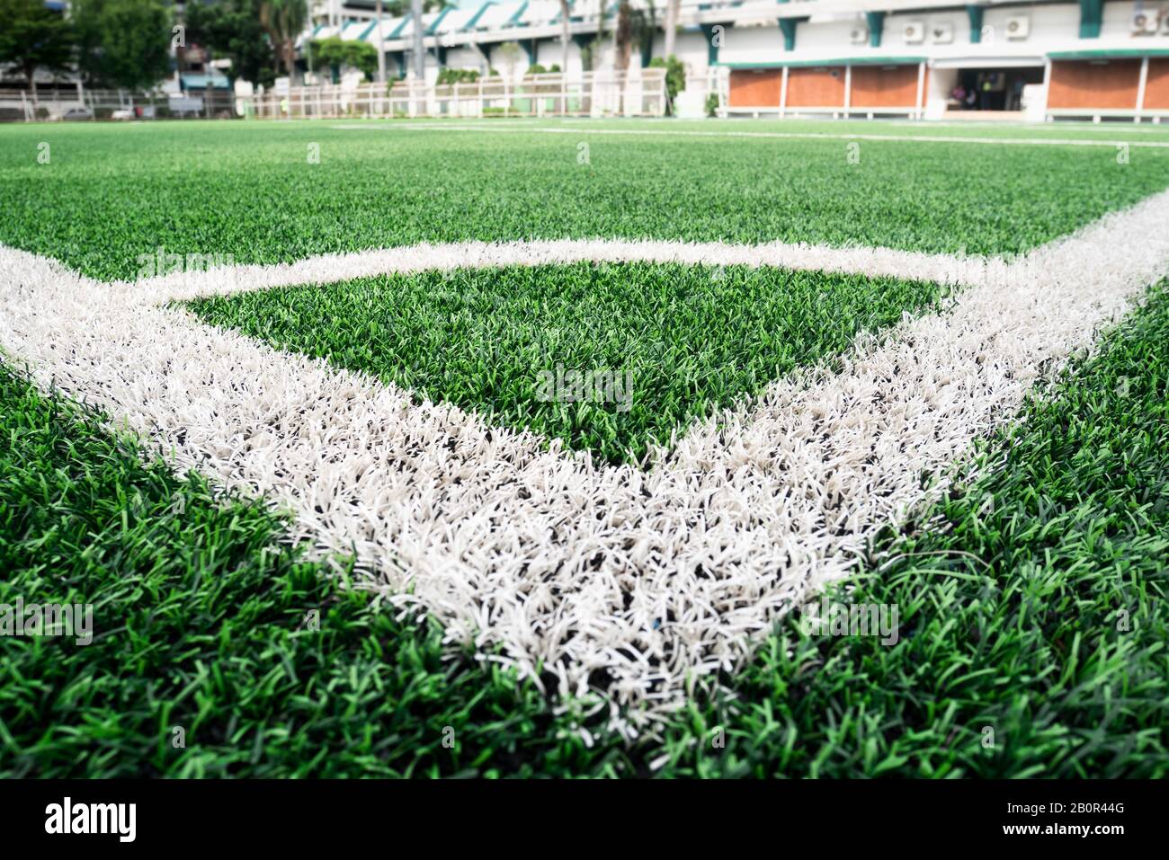 football yard field and grass at sport outdoor stadium, corner view. outdoor sport and fitness concept Stock Photo