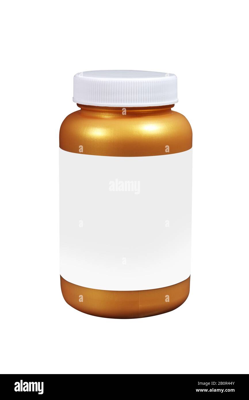 healthcare and medicine concept. medicine plastic bottle with blank label. pills box. brown medical container with white label isolated on white Stock Photo