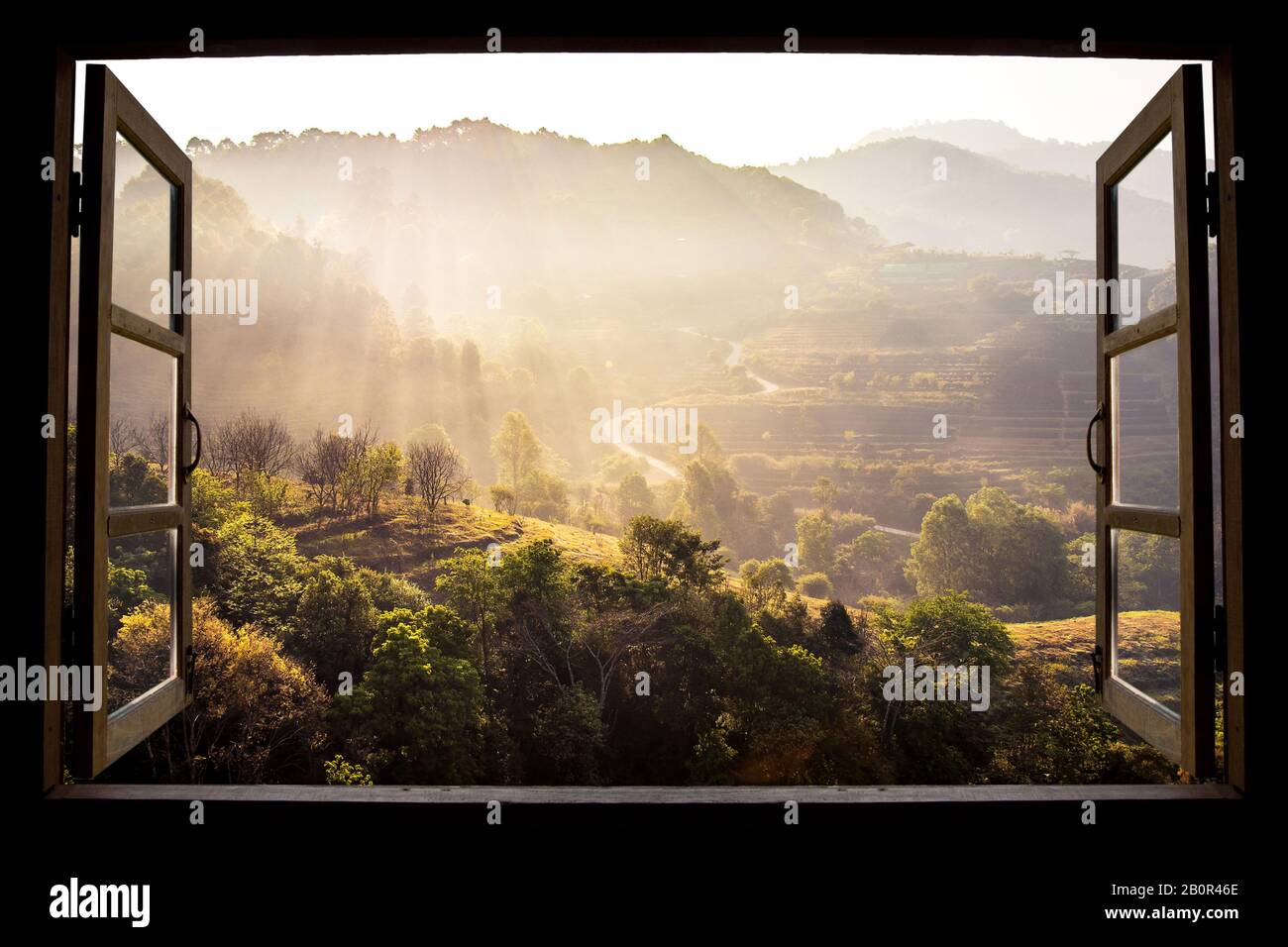 landscape nature view background. view from window at a wonderful landscape nature view with rice terraces and space for your text in Chiangmai, Thai Stock Photo