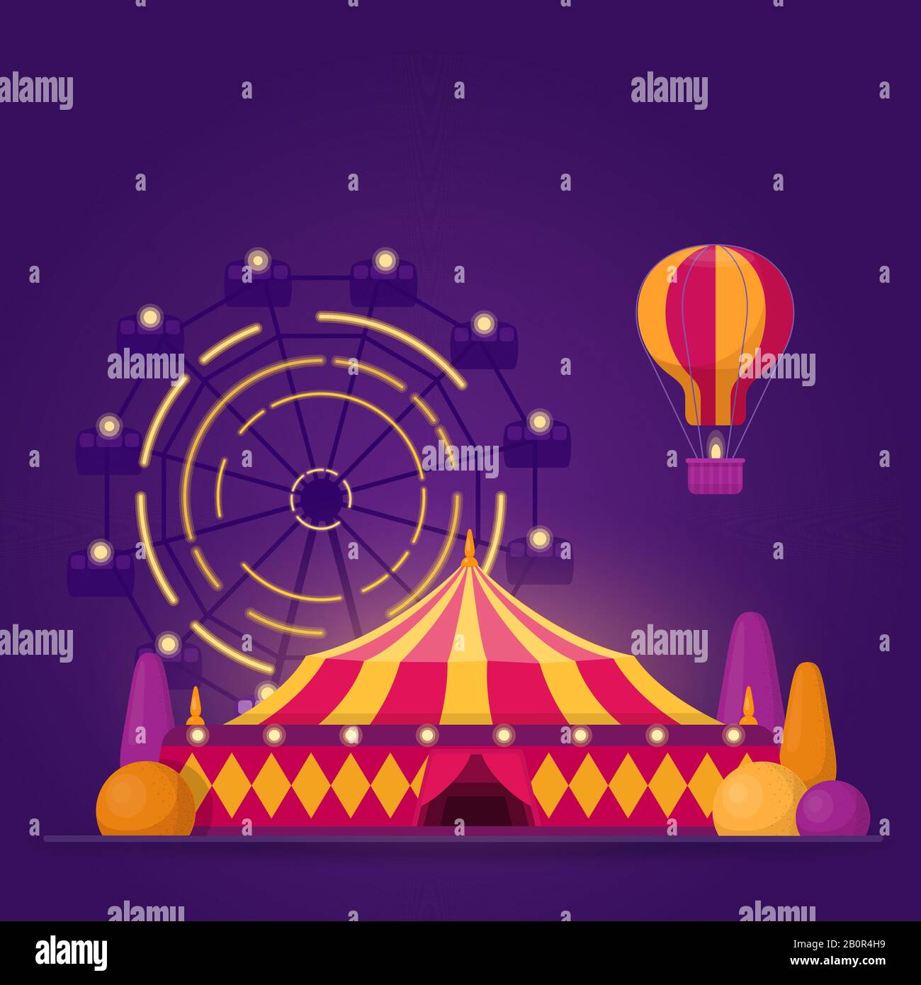 Illustration with amusement park on purple background Stock Vector