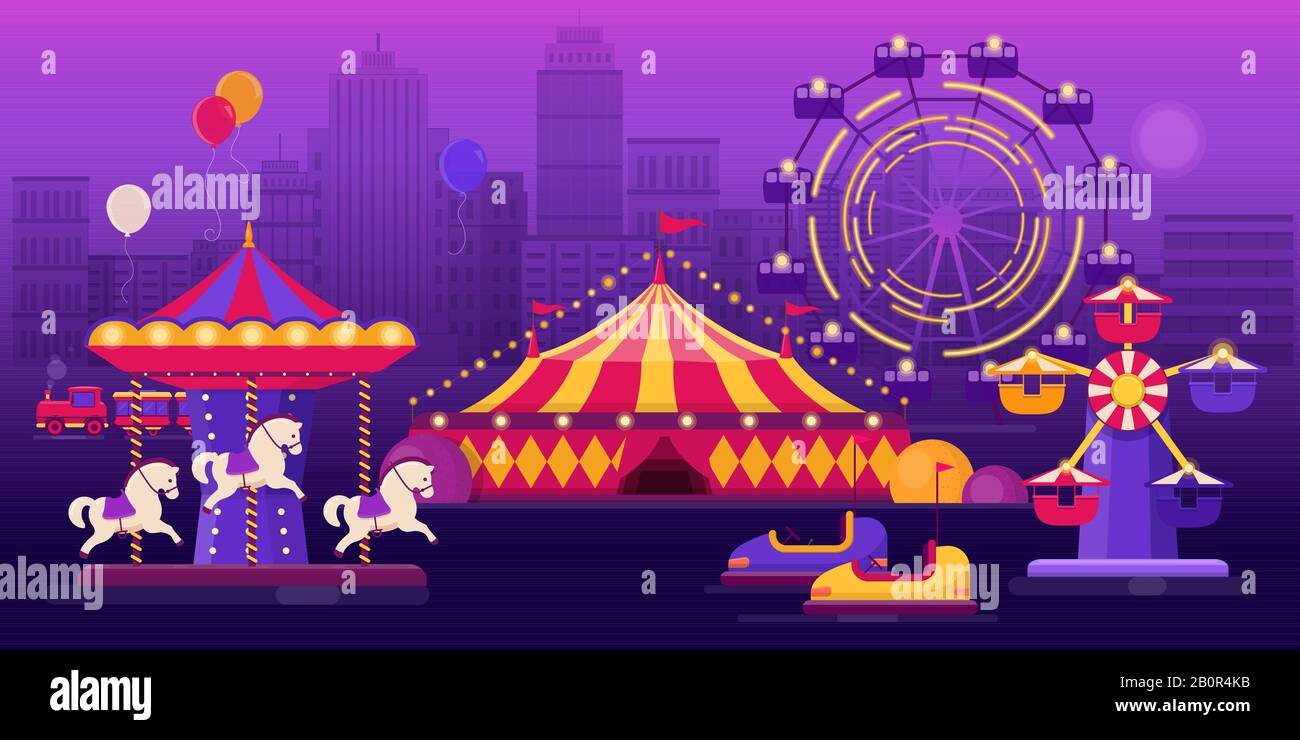 Amusement park on a city landscape background Stock Vector