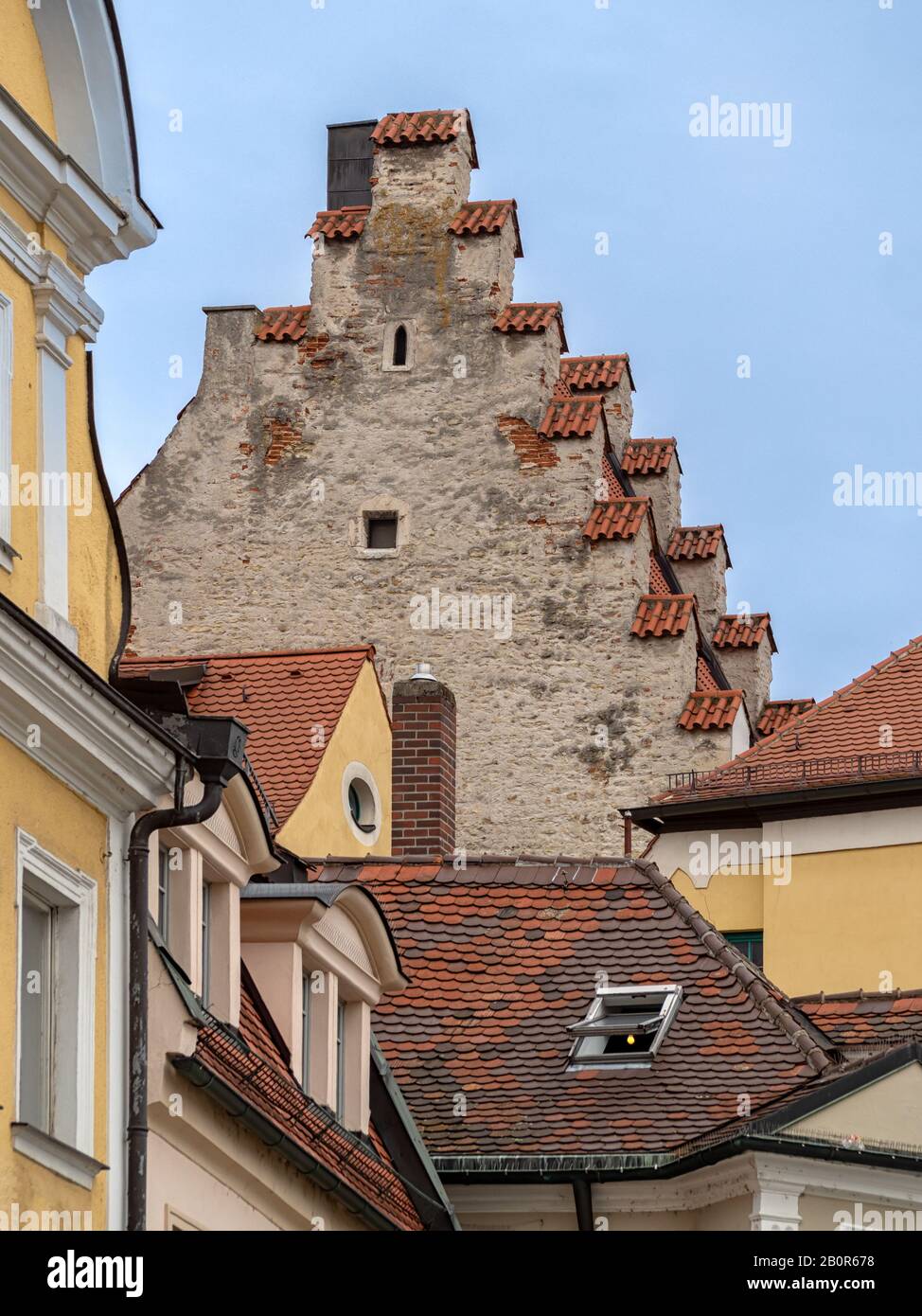 REGENSBURG, GERMANY - 07/11/2019:  Gabled roofs on houses in the Old Town Stock Photo
