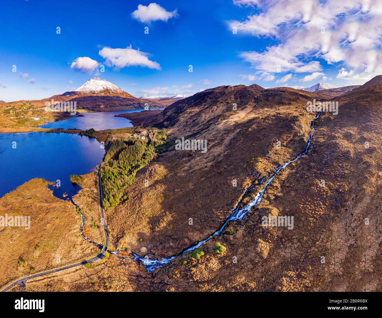 Aerial view of the Glenthornan waterfall and Mount Errigal by Dunlewey or Dunlewy in County Donegal, Ireland. Stock Photo