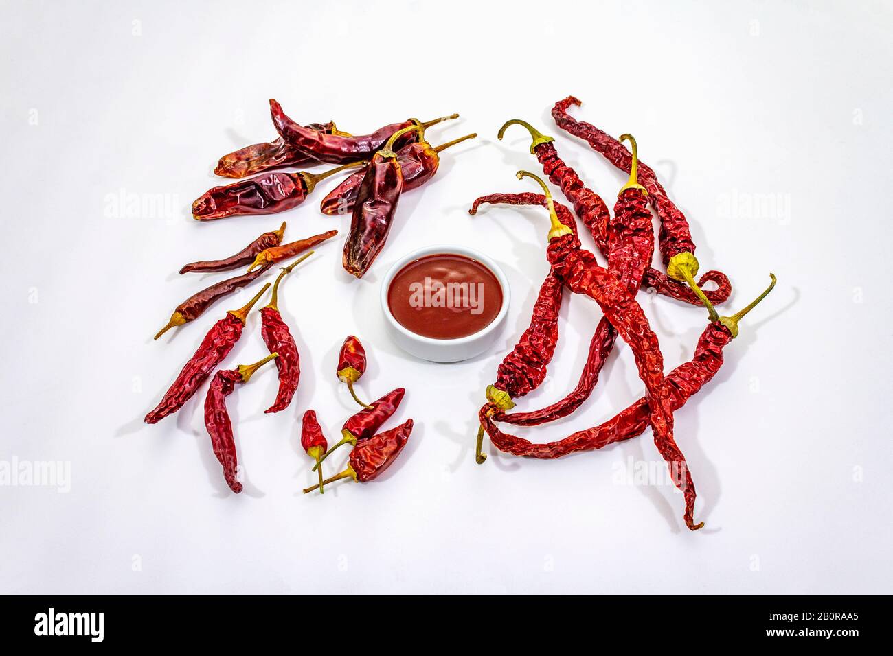 Spicy chili sauce in bowl isolated on white background. Different