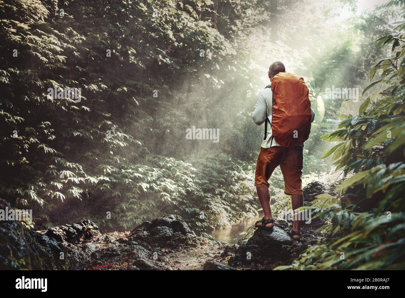 Traveler or hiker with backpack stands in waterfall water dust against sunlight and jungle Stock Photo