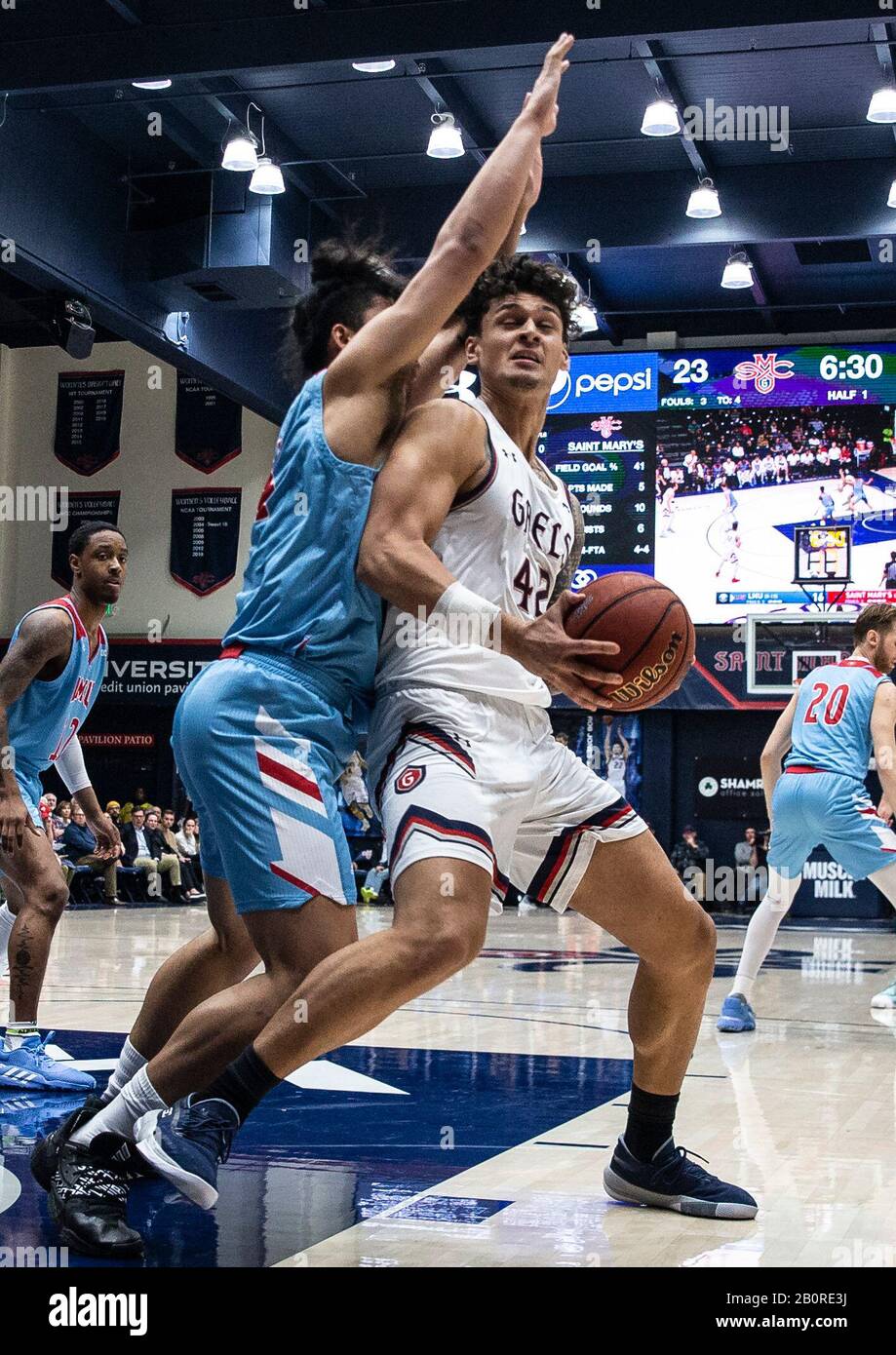 McKeon Pavilion Moraga Calif, USA. 20th Feb, 2020. CA U.S.A. St. Mary's Gaels forward Dan Fotu (42) fights for position in the paint during the NCAA Men's Basketball game between Loyola Marymount Lions and the Saint Mary's Gaels 57-51 win at McKeon Pavilion Moraga Calif. Thurman James/CSM/Alamy Live News Stock Photo