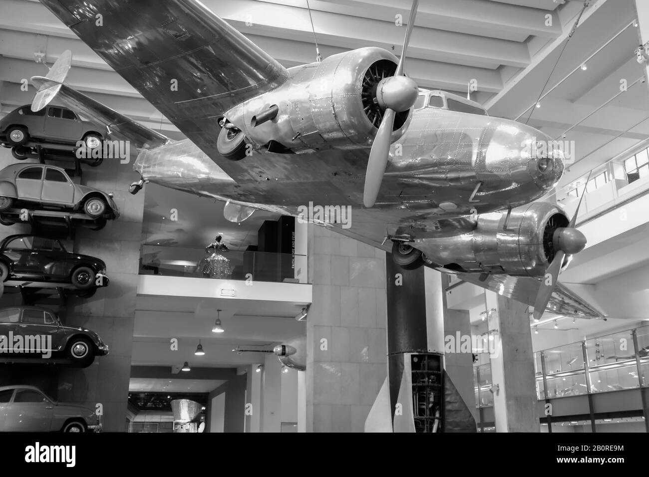 Plane hanging from the ceiling at London's Science Museum. Stock Photo