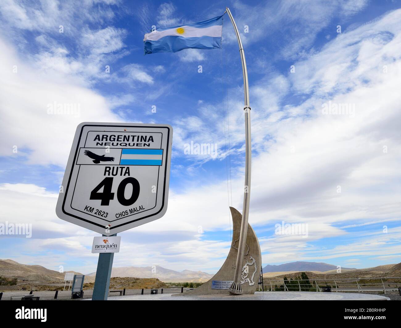 Monument in the half of Route 40, Mitad Ruta 40, near Chos Malal, Neuquen Province, Patagonia, Argentina Stock Photo
