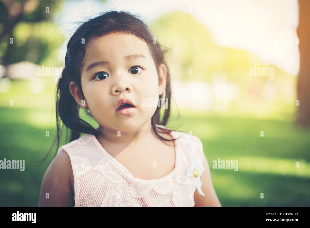 Portrait of little girl smiling showing happy in the park Stock Photo ...