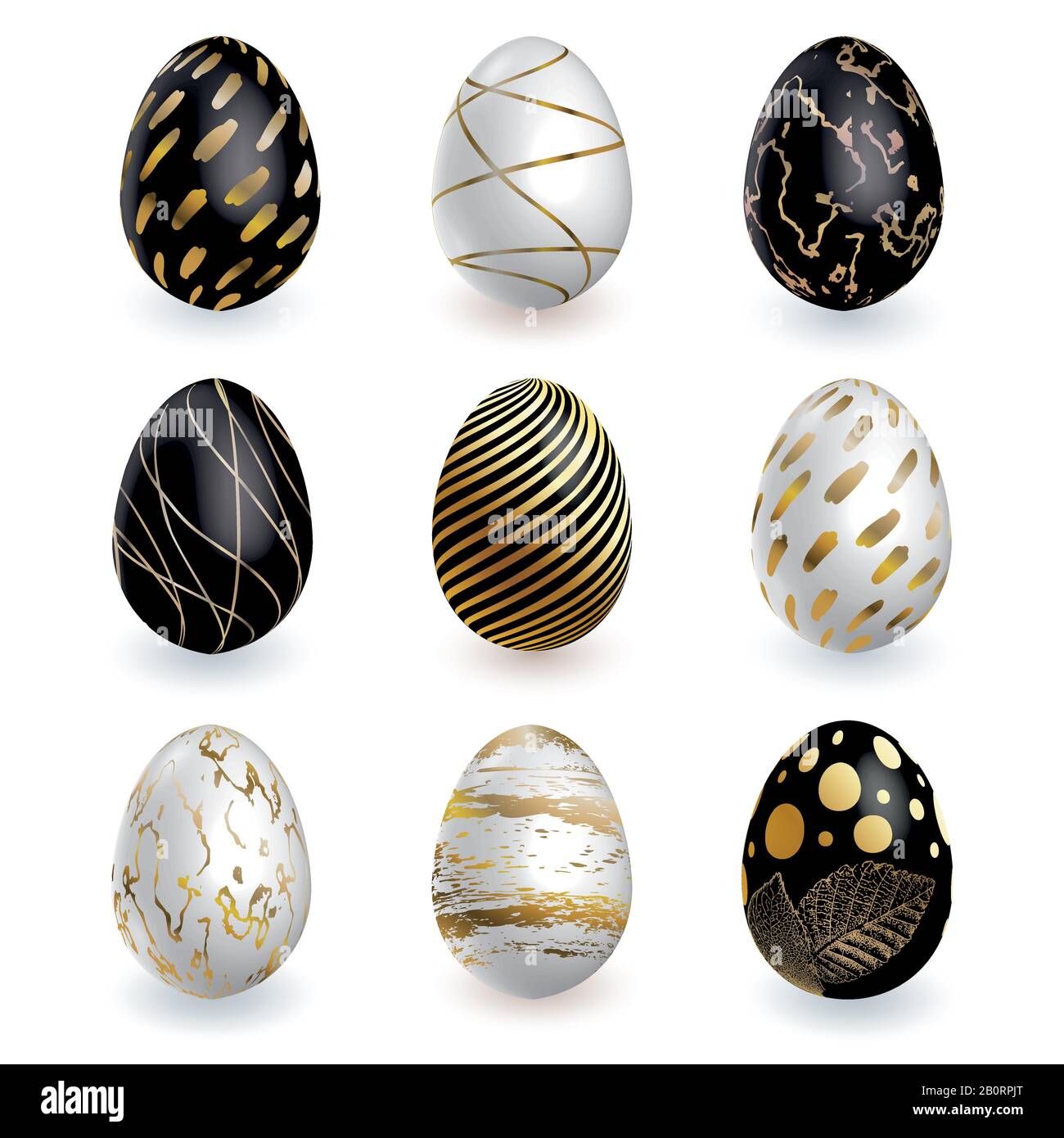Black white gold Easter eggs on white background. Vector set for holiday Easter card Stock Vector